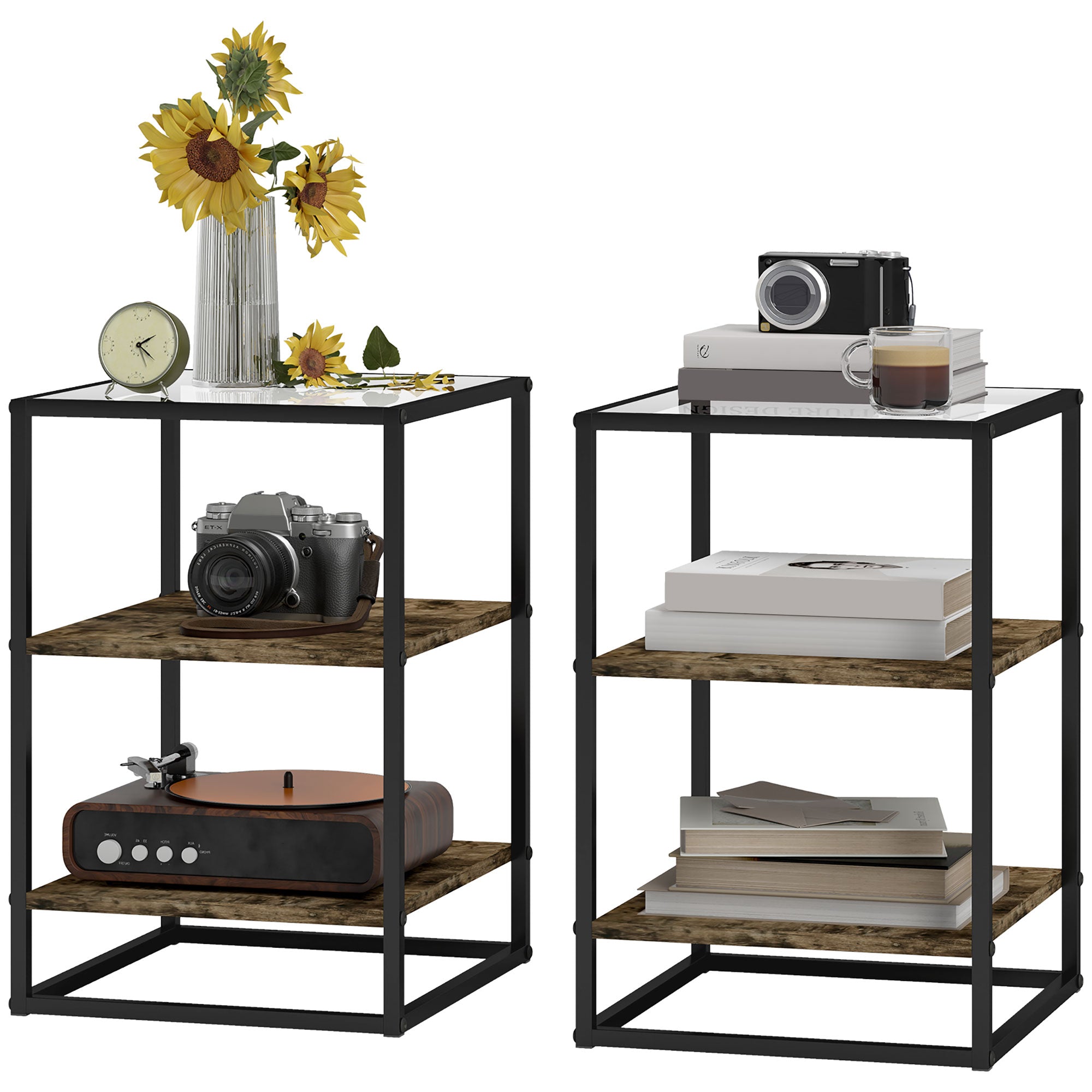 Sæt Med 2 Sideborde Med Glasplade, 3 Lags Design, Metalstel, Brun Black Friday Aosom Tilbud