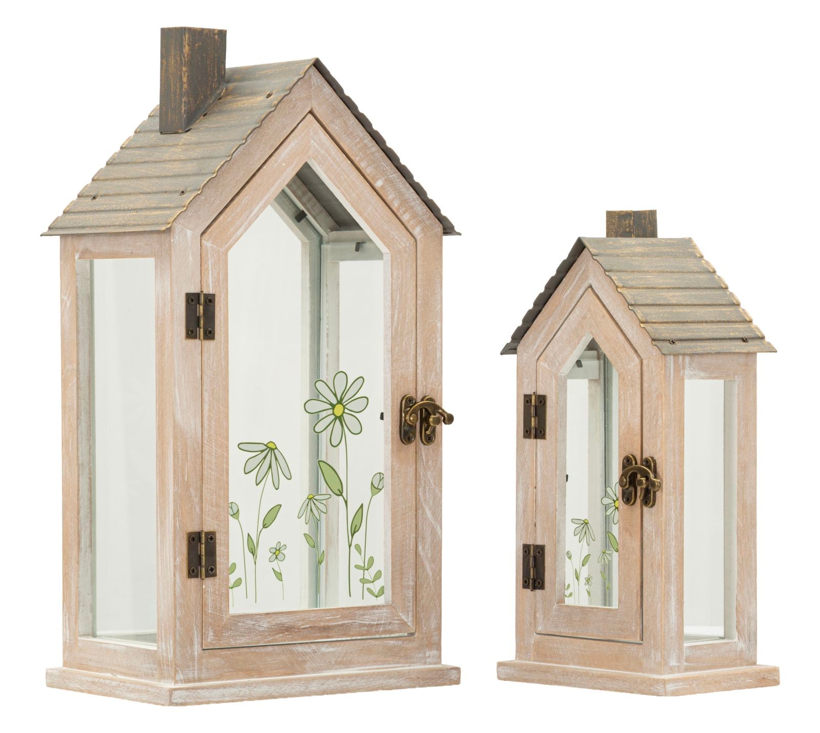 Flower Lantern     Sæt Med 2 Lanterner I Træ (18 X 13 X 36 Cm   12,5 X 8,5 X 25 Cm) Black Friday Mauro Ferretti Tilbud