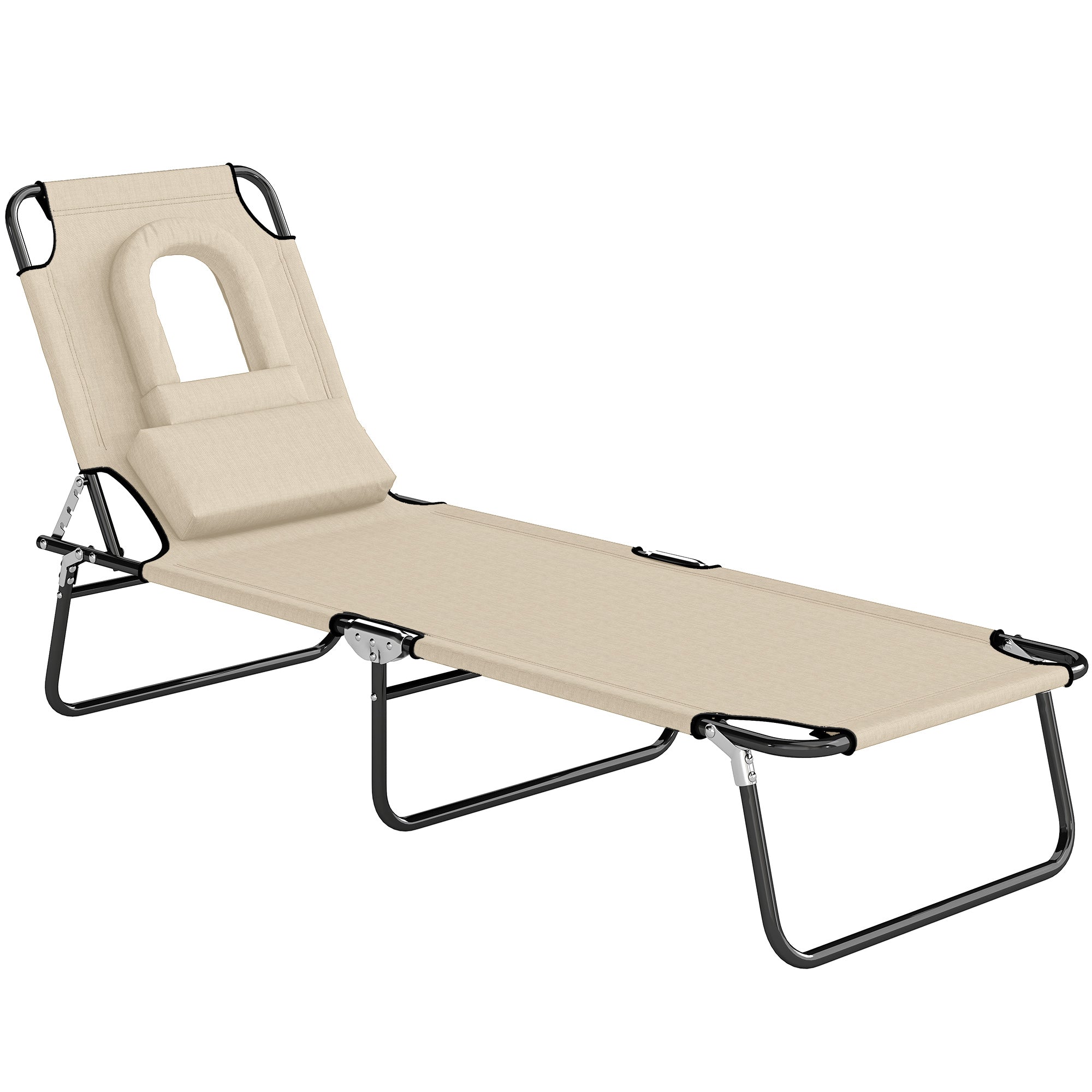 Solseng Med Hul Til Ansigtet Og Hynde, Foldbar, Vandafvisende Betræk, Metalstel, Beige Black Friday Aosom Tilbud