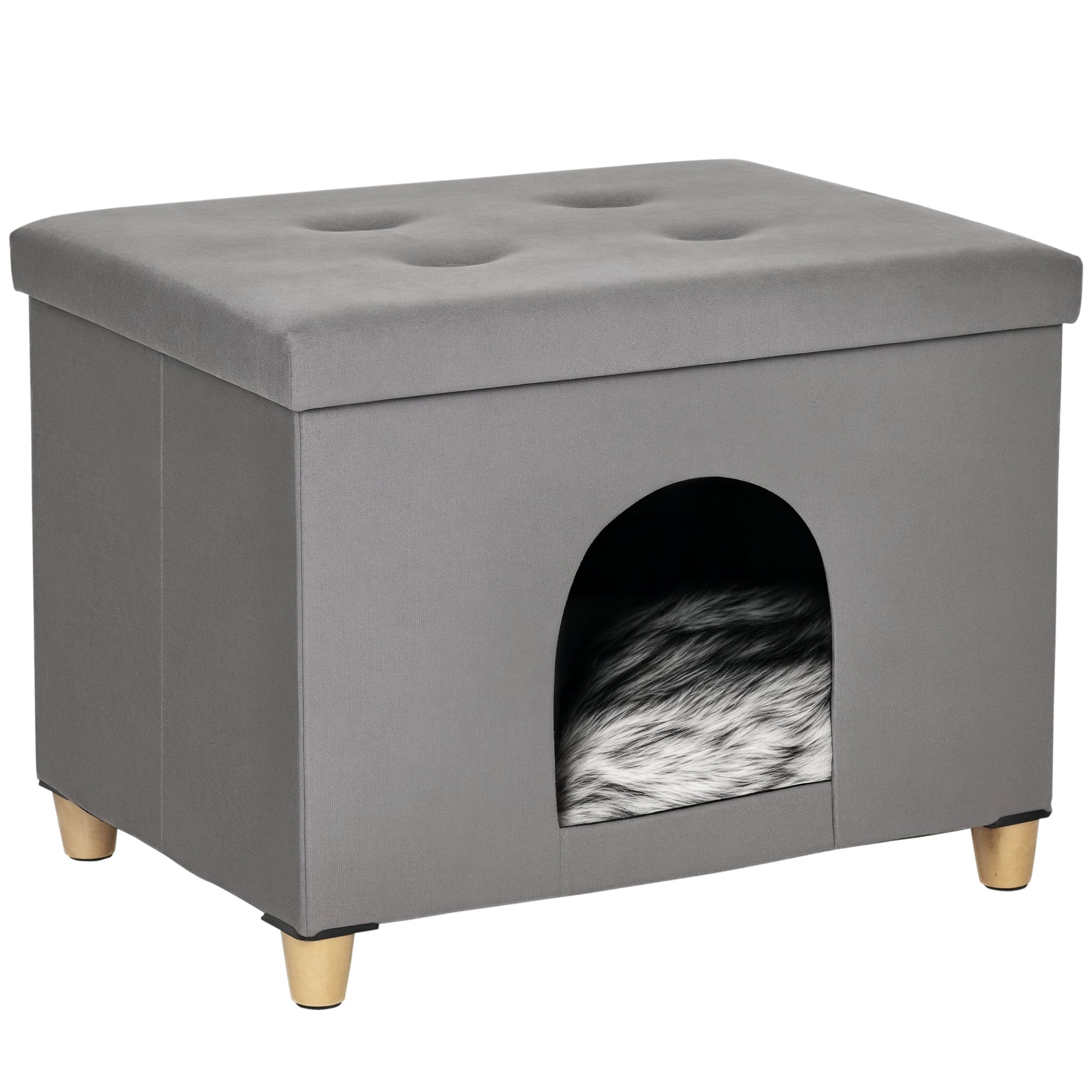 2 I 1 Kattehule & Fodskammel Med Hynde     Grå, 60x45x44,5 Cm Black Friday Aosom Tilbud