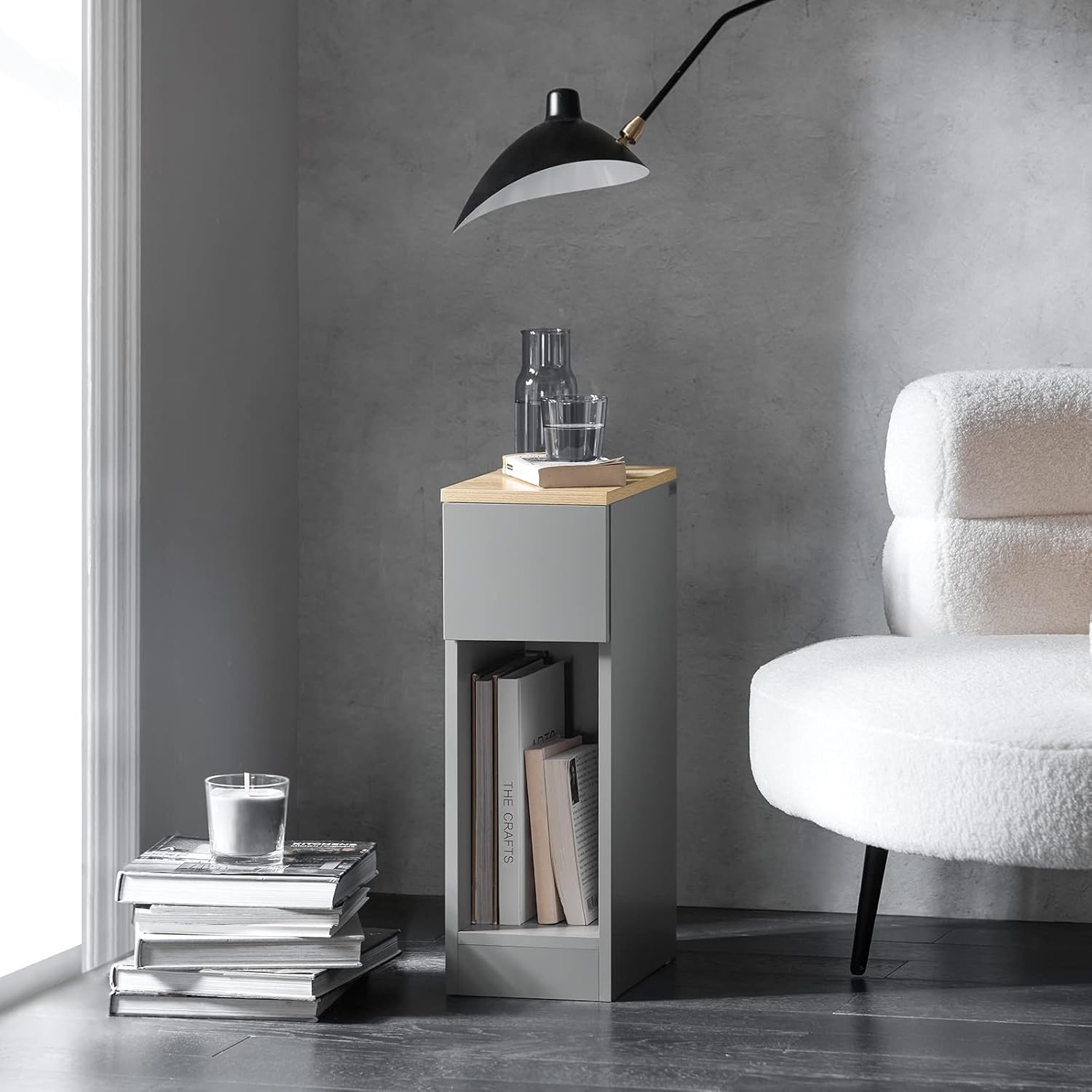 Smalt Gråt Sengebord På 20 Cm, Pladsbesparende Natbord Med Skuffe Til Små Rum Black Friday Sobuy Tilbud