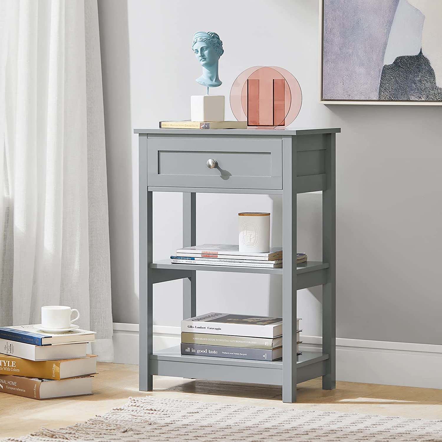 Grå sidebord med skuffe og hylder – Black Friday tilbud!