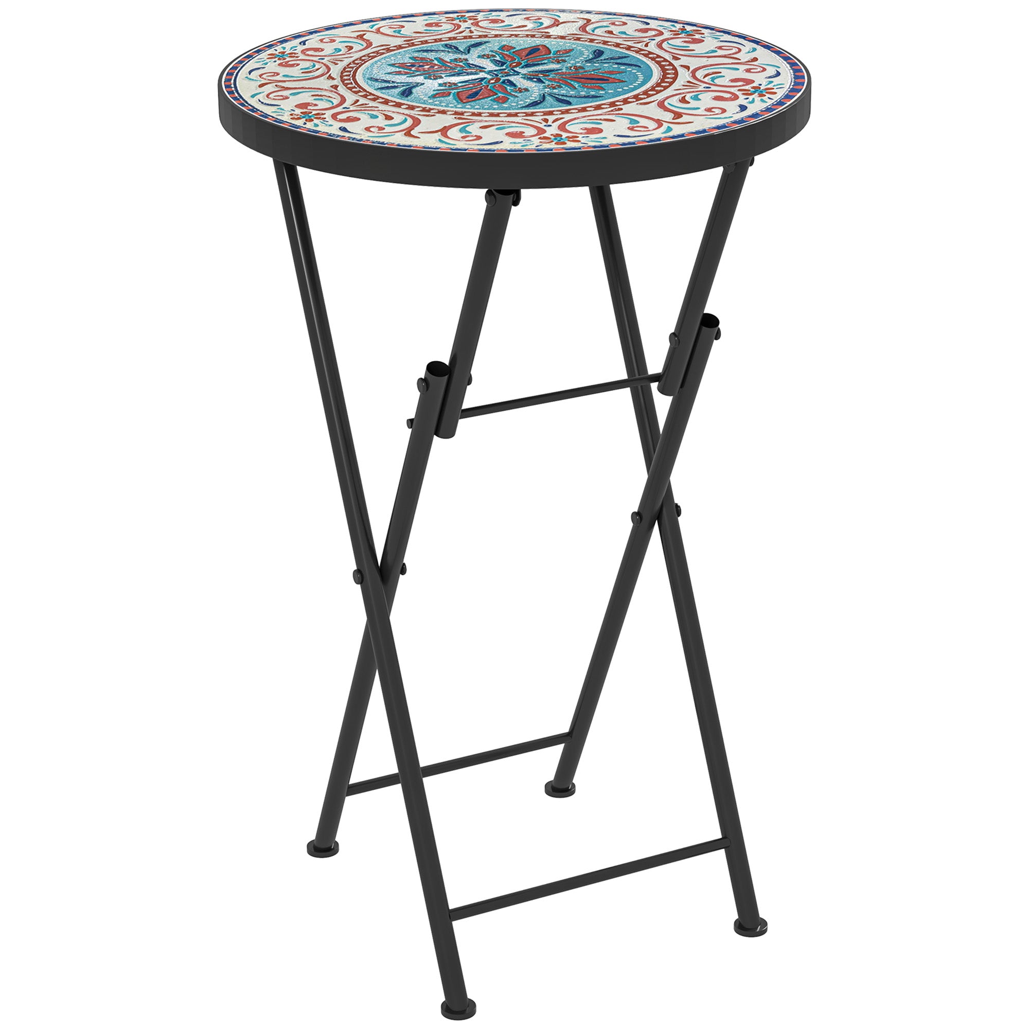 Mosaik Havebord, Foldbart Rundt Terrassebord Med Metalramme Og Keramisk Bordplade, Mosaikmønster, Flerfarvet Black Friday Aosom Tilbud