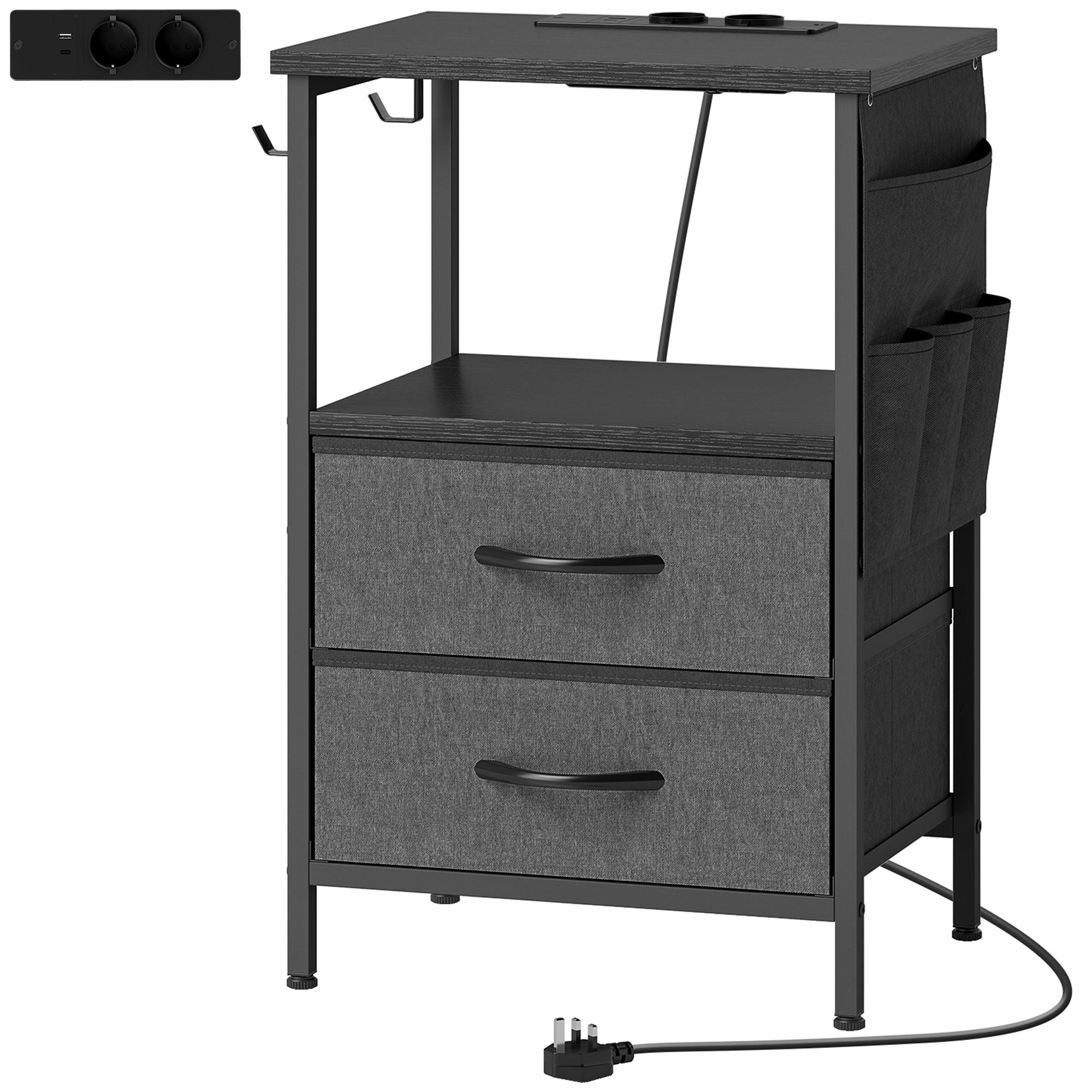 Sofabord Sidebord Med Ladestation, Stålstel, Usb C Porte, Skuffer, Kroge, 40 Cm X 30 Cm X 60 Cm, Sort Black Friday Aosom Tilbud