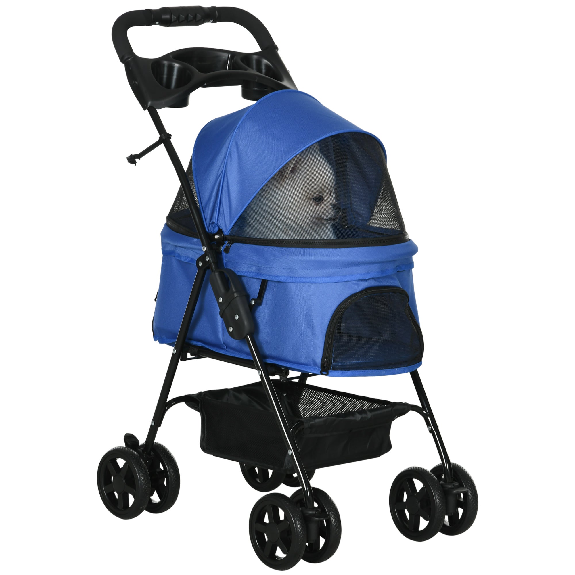 Hundevogn Op Til 4 Kg Sammenklappelig Netkurv Med Vindue, Gulv, Kopholder, Aftageligt Tag, Blå 67 X 45 X 96 Cm Black Friday Aosom Tilbud