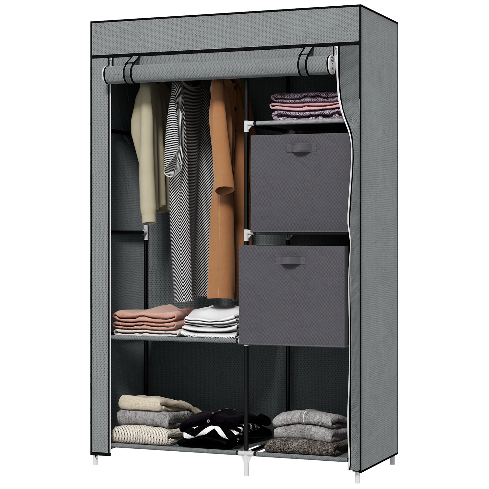 Stofgarderobe Foldbart Skab, 1 Bøjlestang, 6 Hylder, 102 X 42,5 X 162,5 Cm, Grå Black Friday Aosom Tilbud