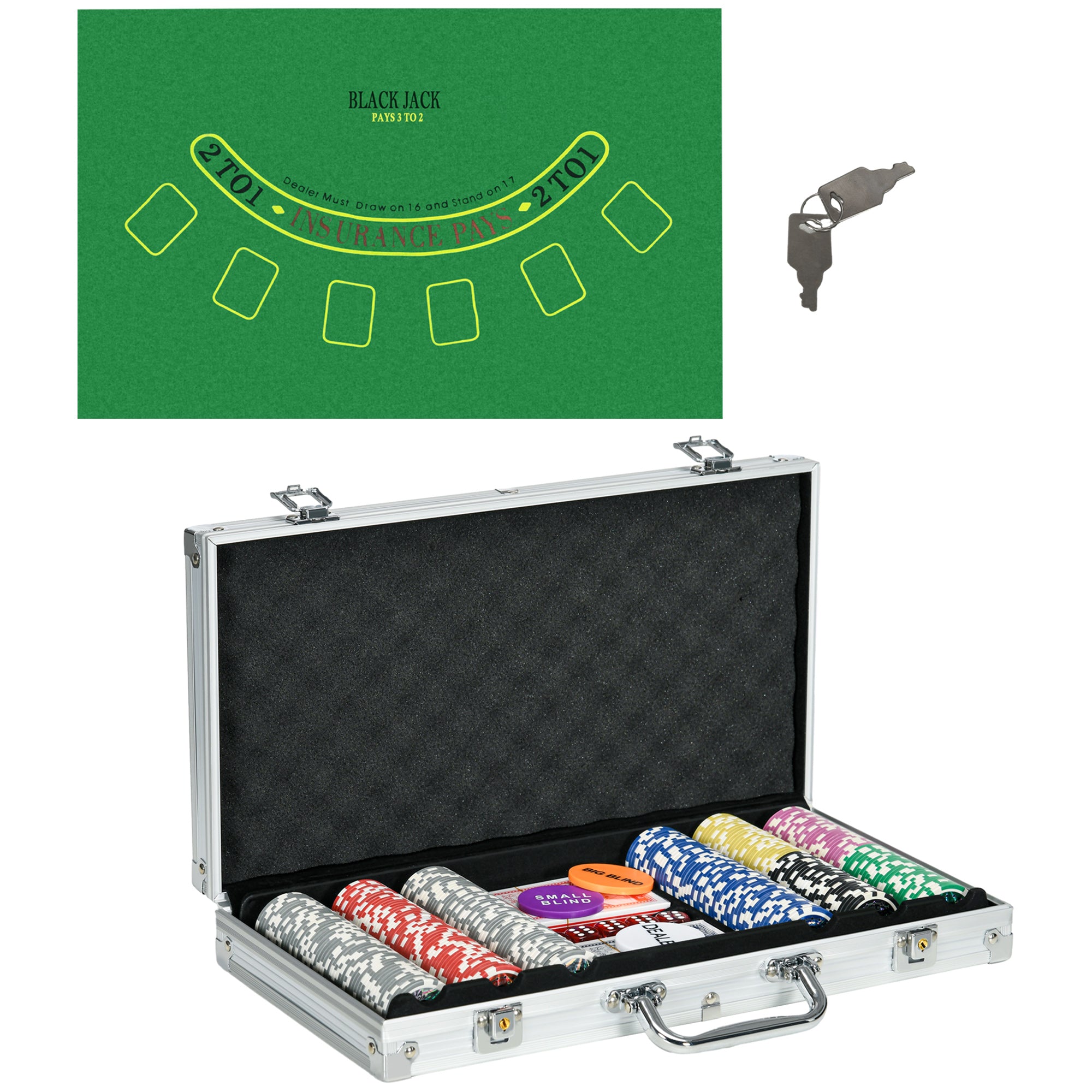 Casinotilbehør Og Chips Pokersæt Med Chips Pokerchipkasse, Inklusive Base, Sæt Med 300 Chips, 2 Sæt Kort, 5 Terninger Black Friday Aosom Tilbud