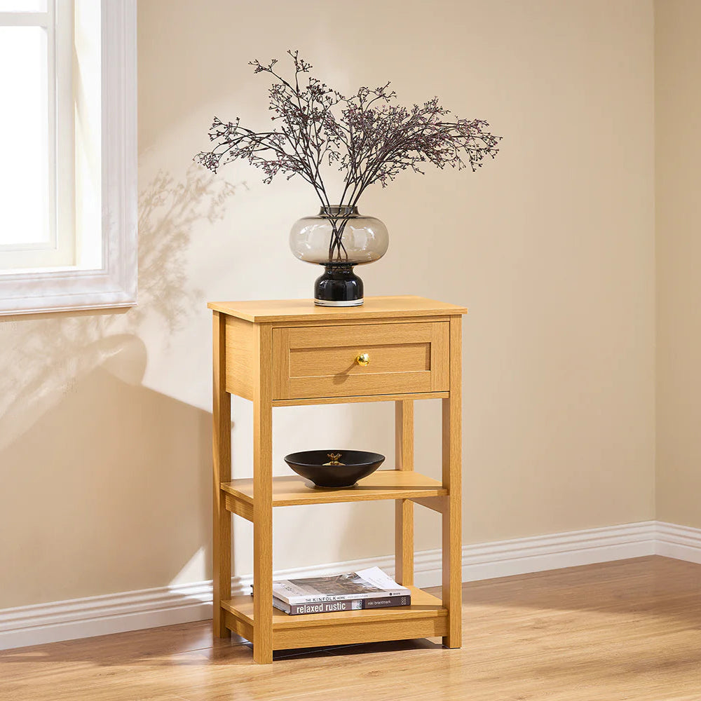 Sengebord Med 1 Skuffe Og 2 Hylder, L45xb30xh68 Cm, Naturfarvet Black Friday Sobuy Tilbud