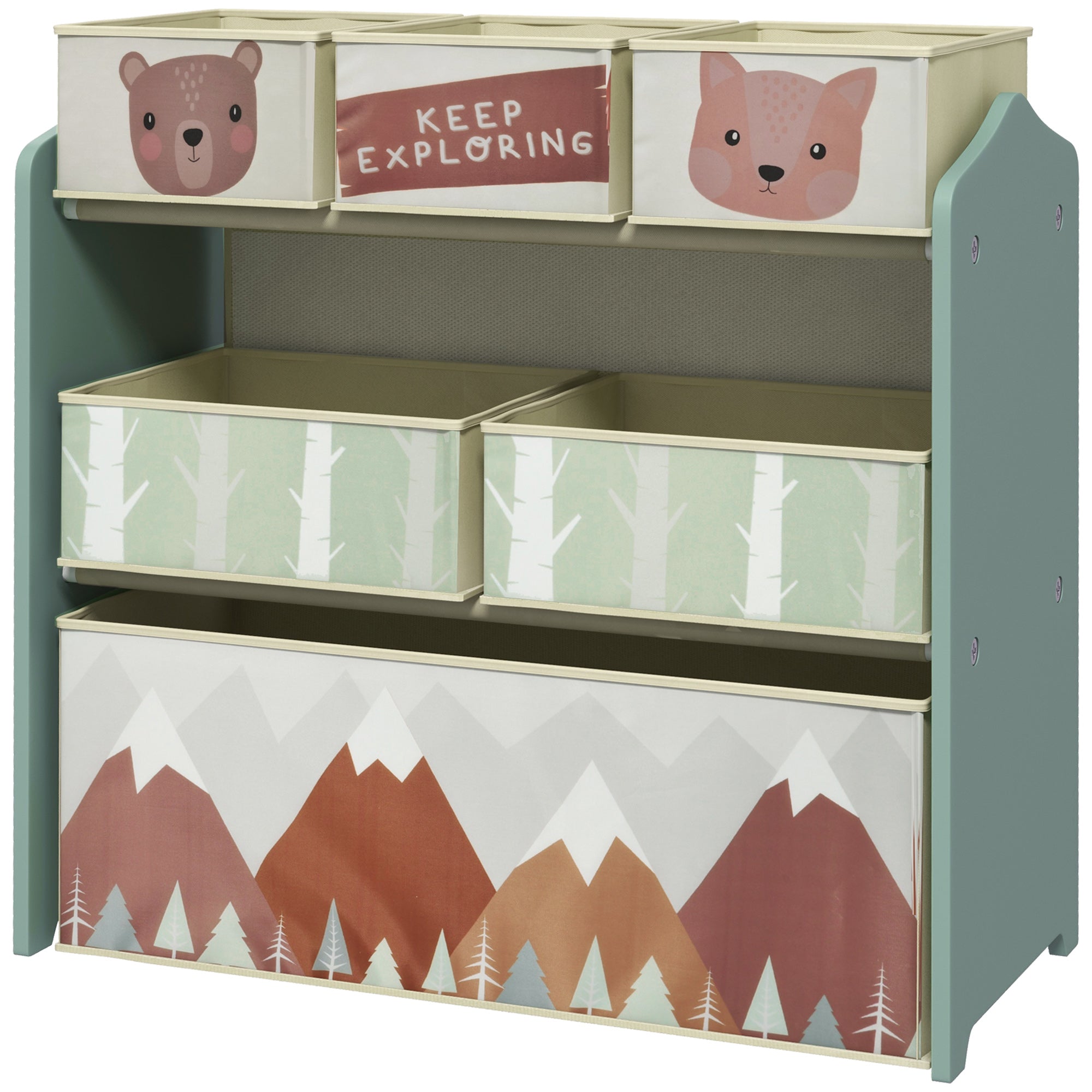 Zonekiz Børnegarderobe Med 6 Stofkasser, Sødt Motiv, 63x30x66 Cm, Grøn Black Friday Aosom Tilbud