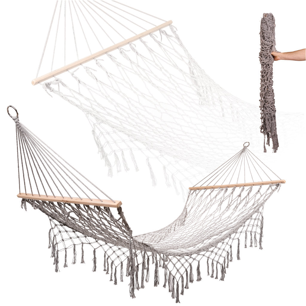 Havehængekøje Boho Mesh Kvast 200cm Grå Black Friday Ikonka Tilbud