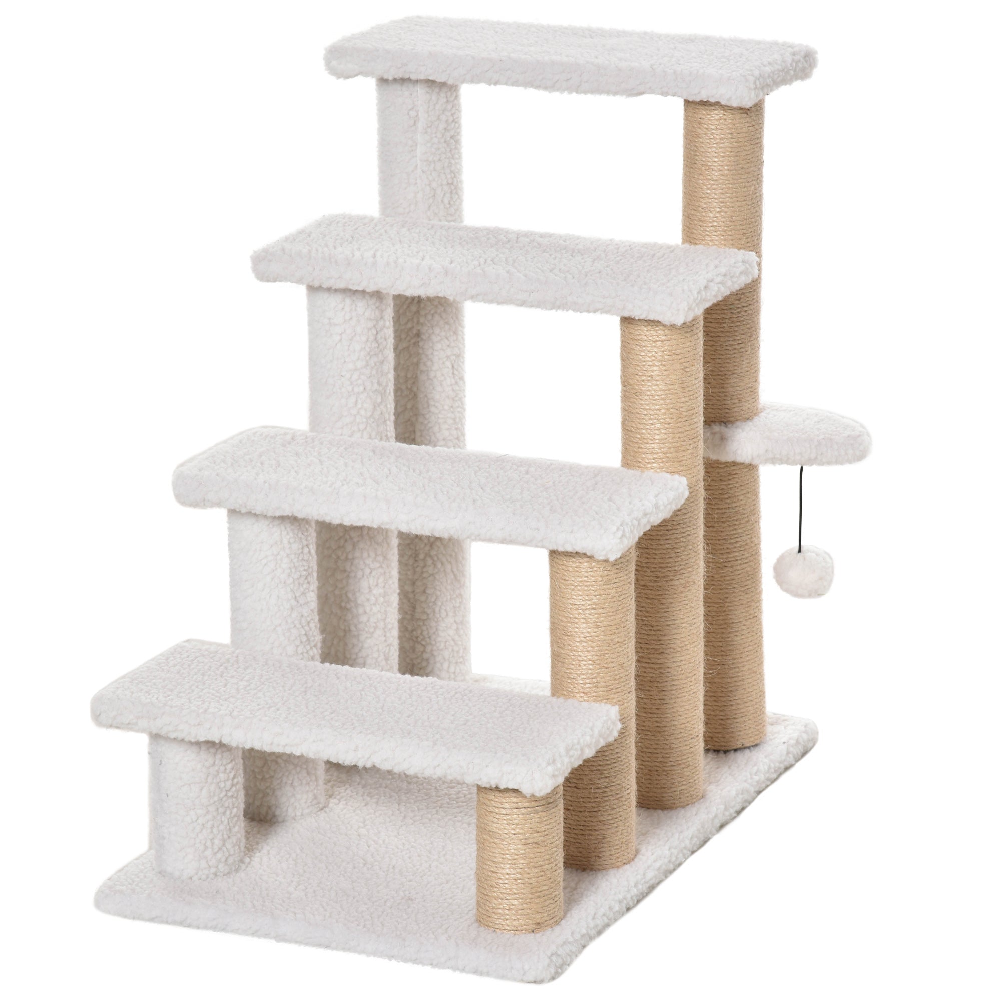 Kattetrappe 4 Trins Kæledyrstrappe Med Kradsetræer Bold Hundetrappe Kæledyrstrappe Til Katte Op Til 5 Kg Plys Jute Hvid 60 X 40 X 64 Cm Black Friday Aosom Tilbud