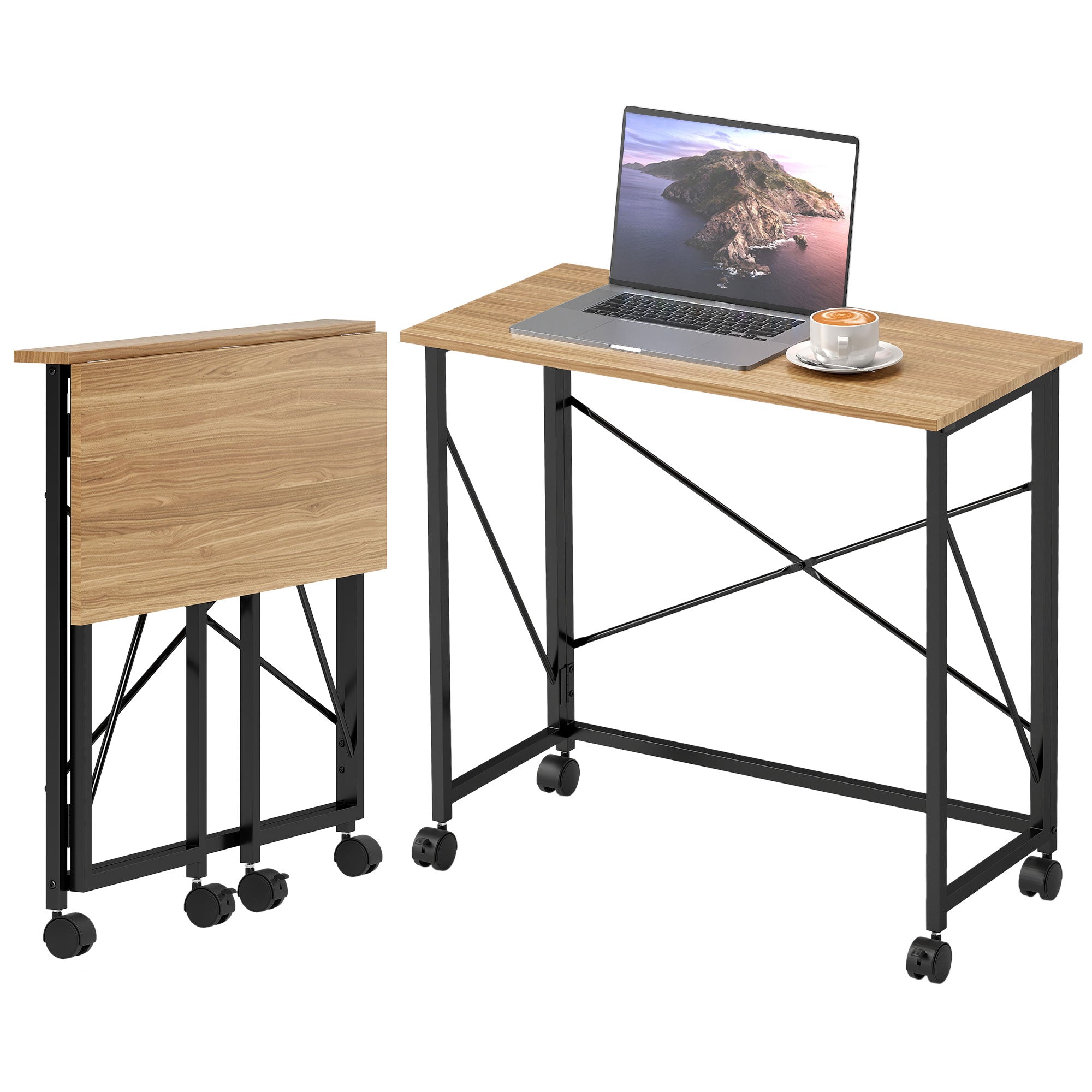 Klapbord Med Hjul, Pladsbesparende, Stål, Mdf, Eg Black Friday Aosom Tilbud