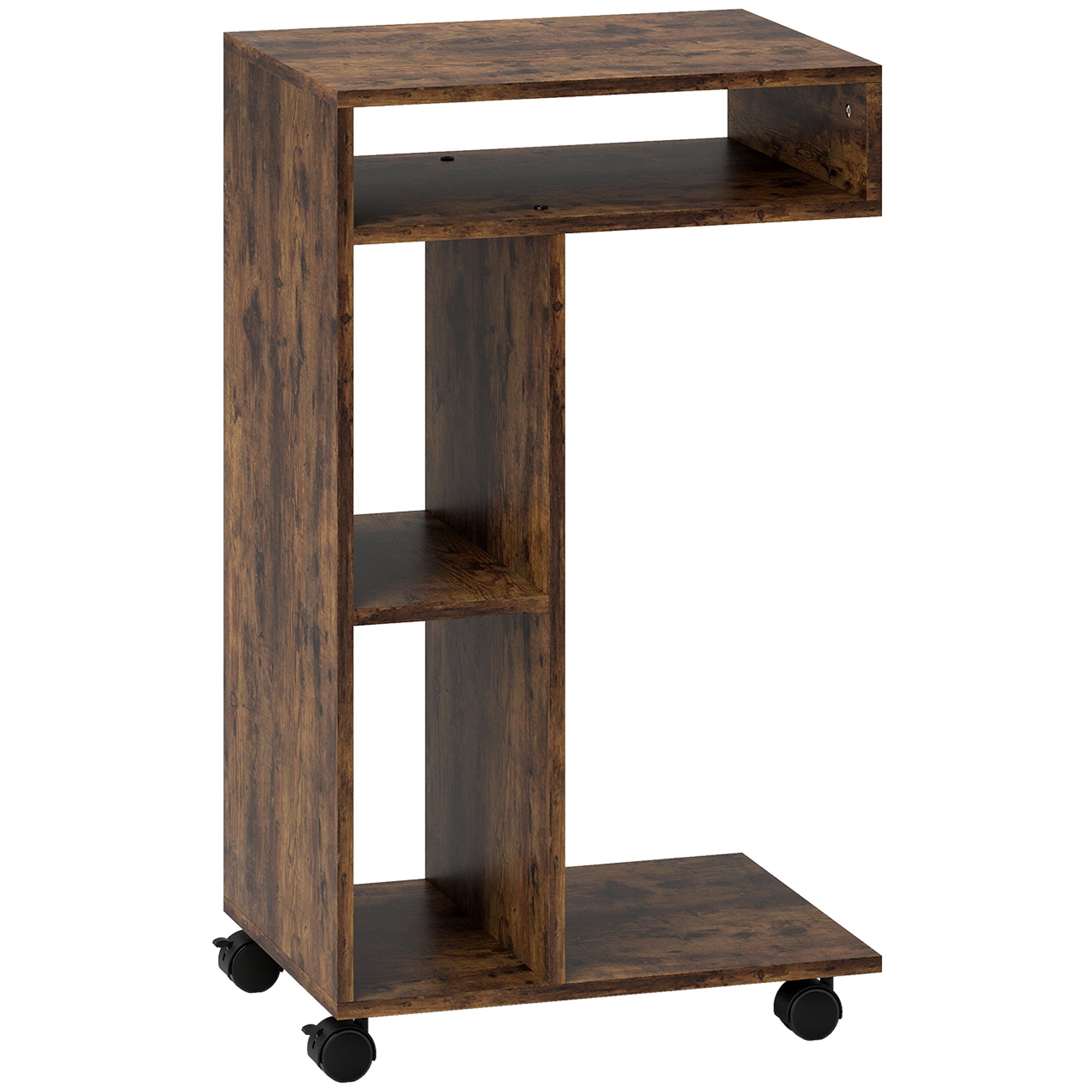 Sidebord, C Formet Serveringsvogn, 4 Hjul, 3 Rum, 40 X 30 X 69 Cm, Rustik Brun Black Friday Aosom Tilbud