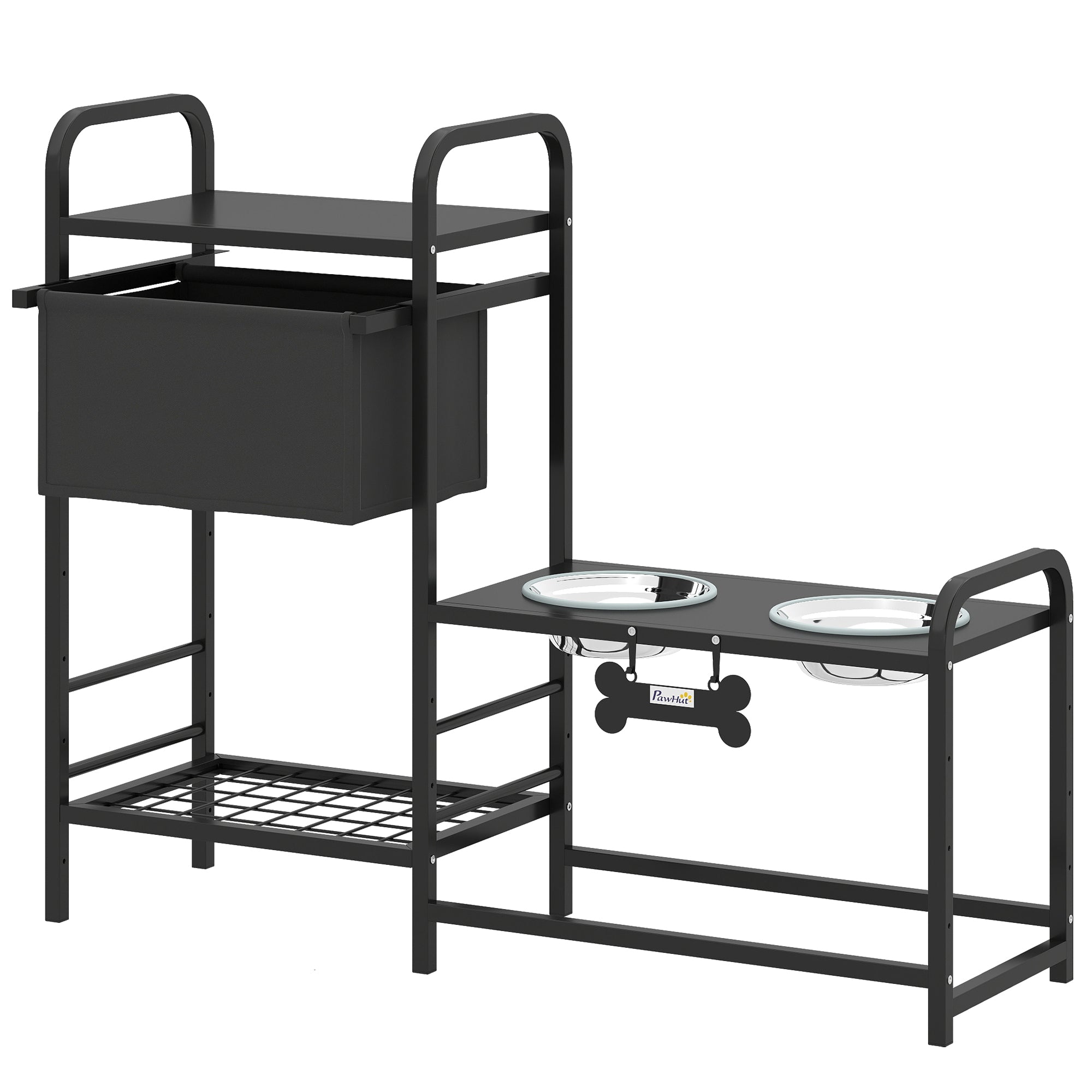 Hævet Hundeskål, Højdejusterbar, Madskål Med Opbevaringsplads, Vandskål, 2 X 800ml Skåle I Rustfrit Stål, 89,5x27x74 Cm, Sort Black Friday Aosom Tilbud