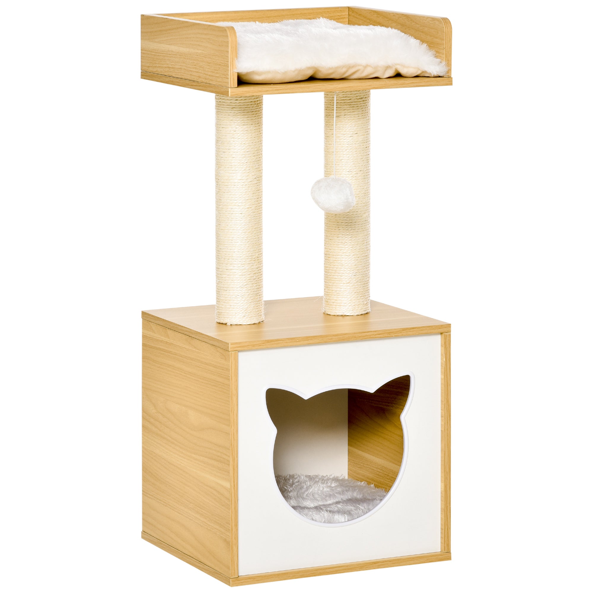Kattehule Med 2 Bløde Hynder, Kradsetræ Med Katteseng, Legetøjsbold, Kattehus, Sisal Naturfarvet 35 X 35 X 81 Cm Black Friday Aosom Tilbud