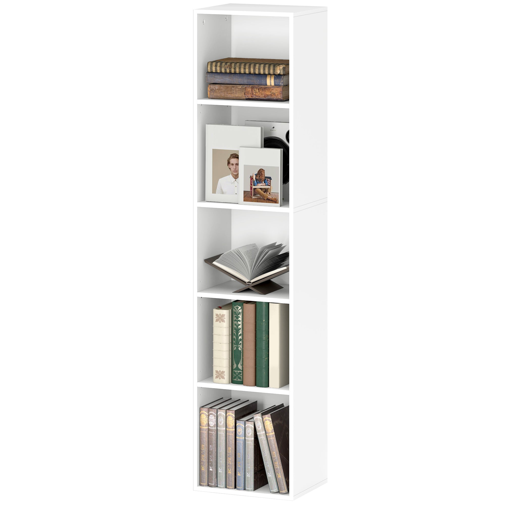 Bogreol, 5 Rum, Justerbare Hylder, Træ, 30 X 24 X 133,5 Cm, Hvid Black Friday Aosom Tilbud