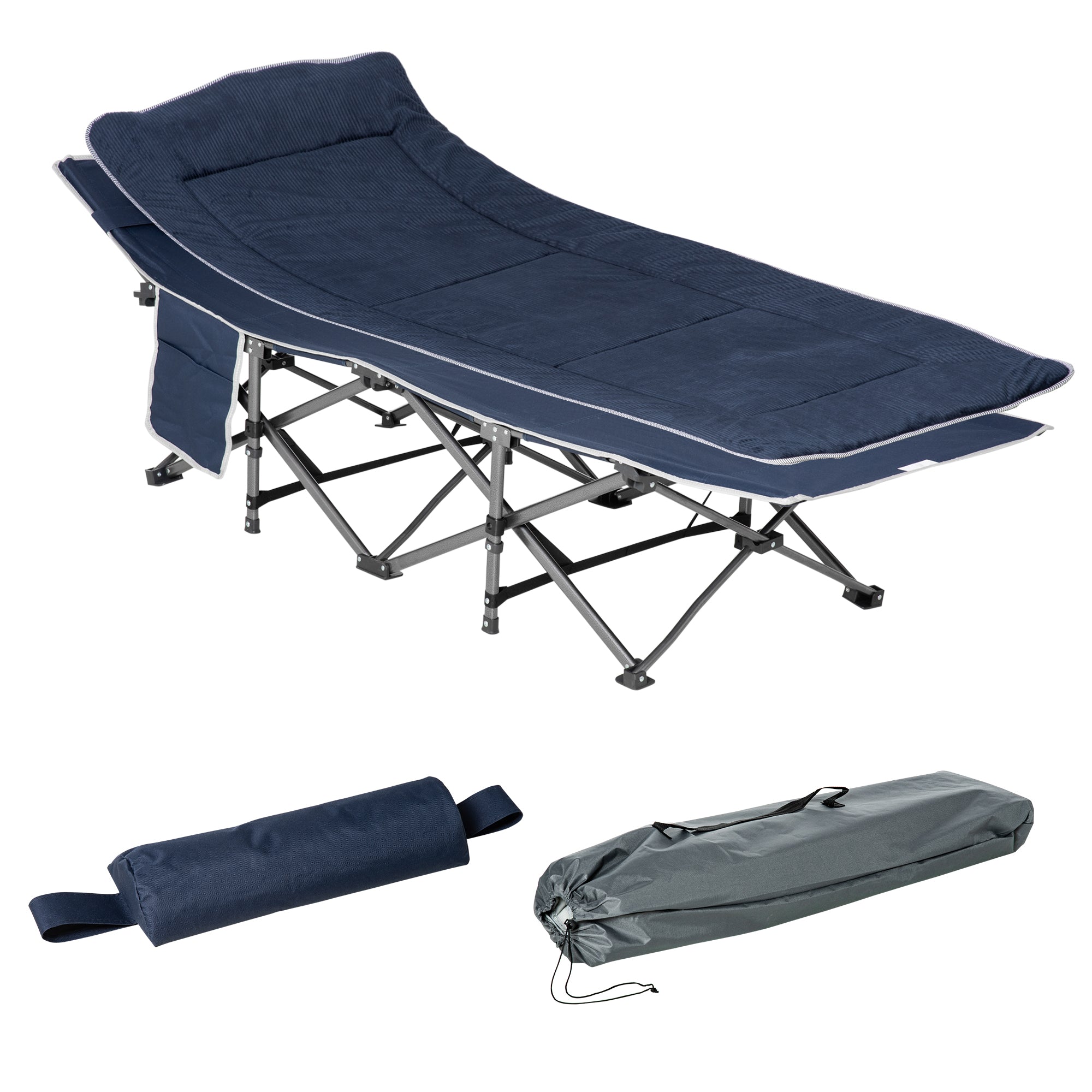 Campingseng, Foldbar Feltseng Med Pude, 188 X 64,5 X 53 Cm, Mørkeblå Black Friday Aosom Tilbud