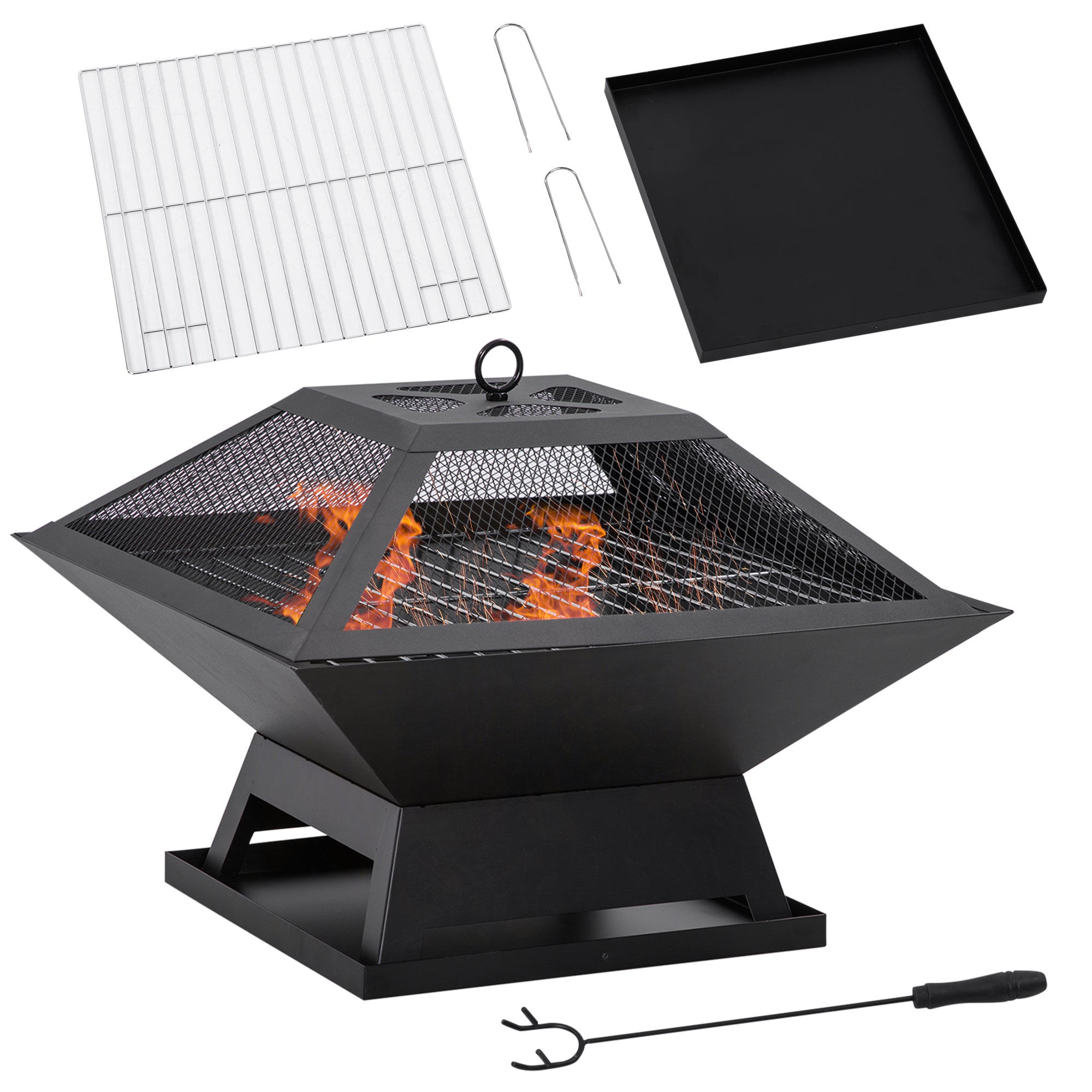 Bålfad 45 X 45 X 34 Cm Lavet Af Rustfrit Stål Bålfad Med Gnistbeskyttelse Poker Bålfade Bålkurv Til Have, Balkon, Grill Camping Sort Black Friday Aosom Tilbud