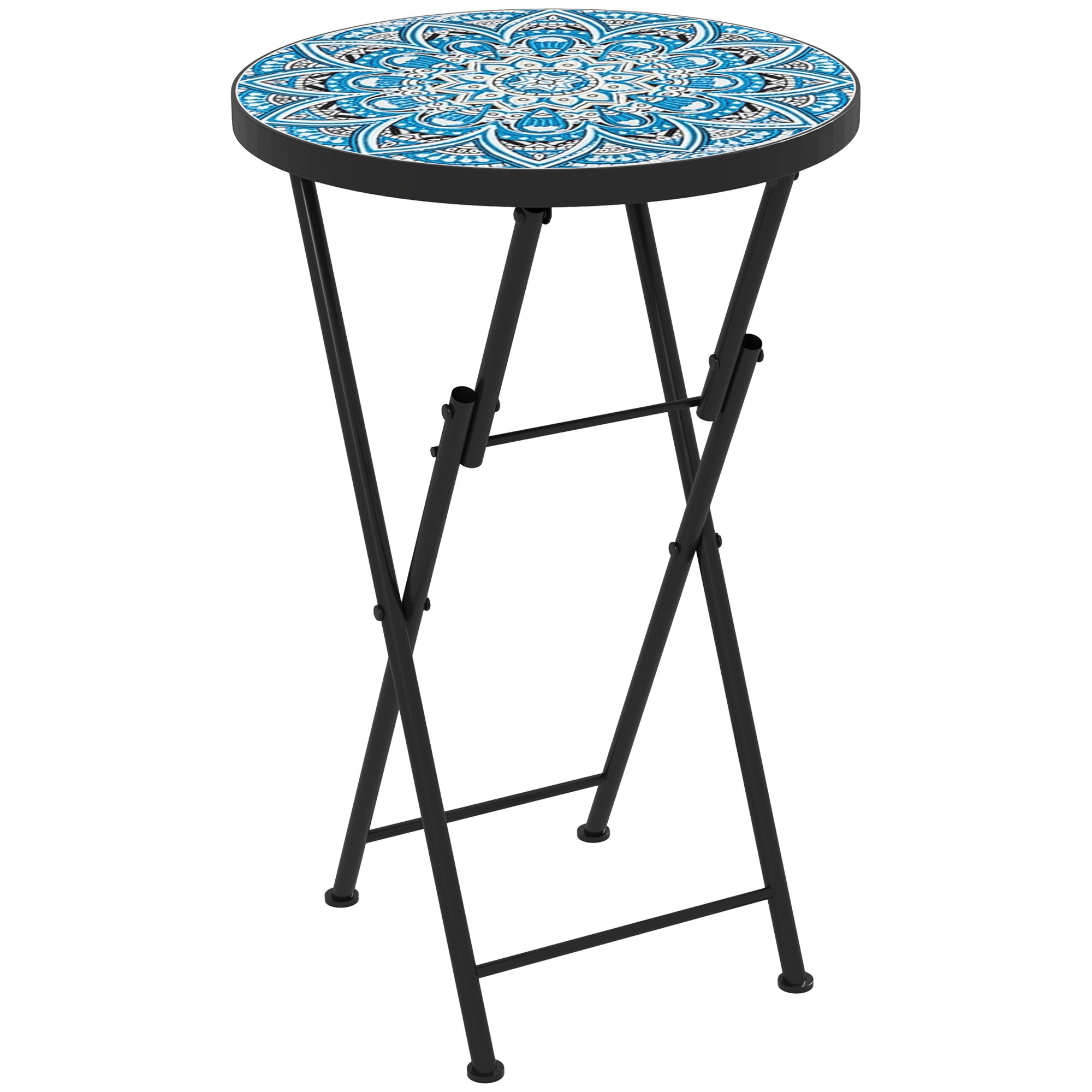 Mosaik Havebord, Foldbart Rundt Terrassebord Med Metalramme Og Keramisk Bordplade, Mosaikmønster, Blå Black Friday Aosom Tilbud