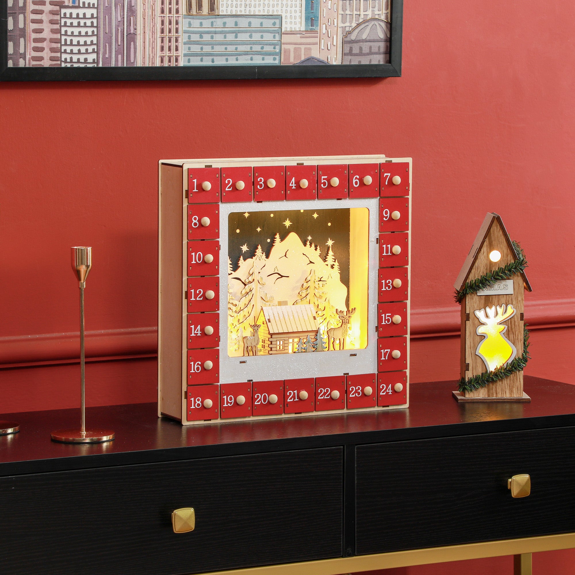 Led Julekalender Med Landsbyscene, 24 Store Skuffer, Mdf, 34 X 7 X 34 Cm, Rød Black Friday Aosom Tilbud