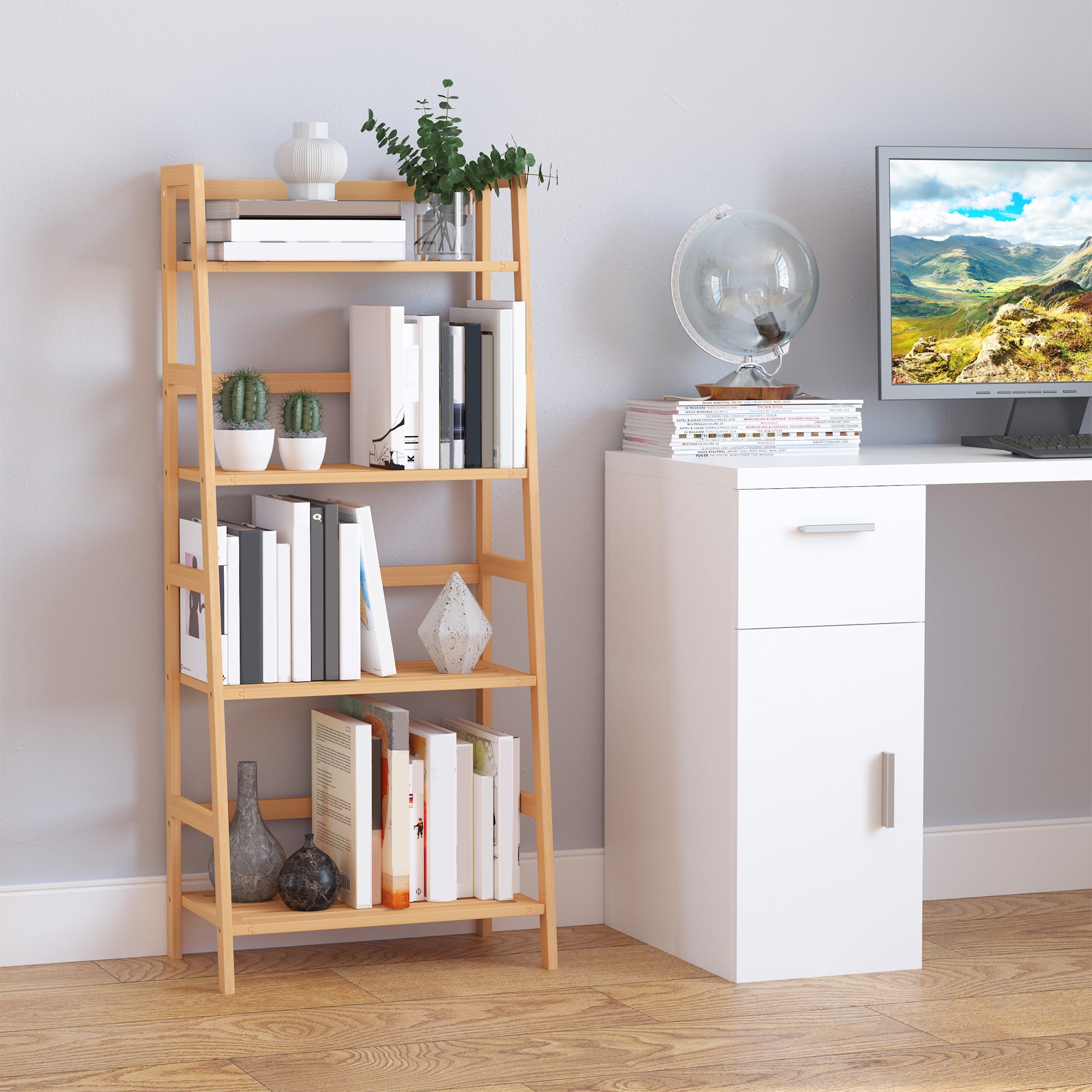 Bogreol, 4 Etager, Stigedesign, Bambustræ, Naturfarvet Black Friday Aosom Tilbud
