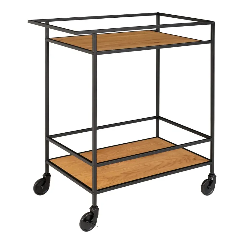 Barvogn Med Sort Ramme På Hjul Og To Egetræslook Hylder 68x40x79 Cm   2101535 Black Friday Homeshop Tilbud