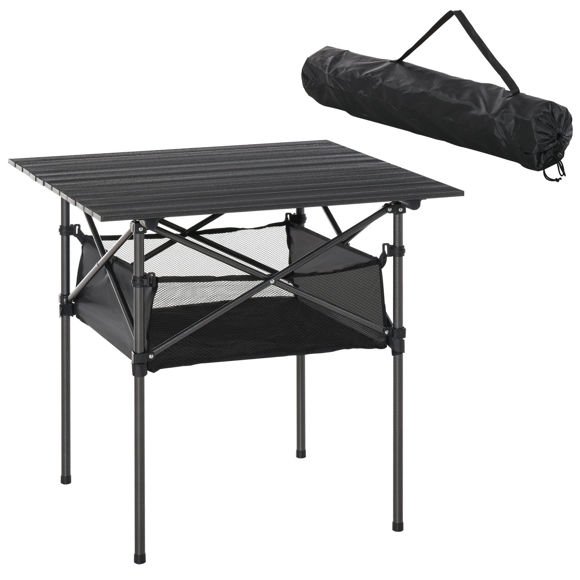 Foldbart Campingbord I Aluminium Med Netpose, Bærbart Picnicbord Til Camping, Have, Fest, Picnic, Balkon, Sort, 70 X 70 X 69 Cm Black Friday Aosom Tilbud
