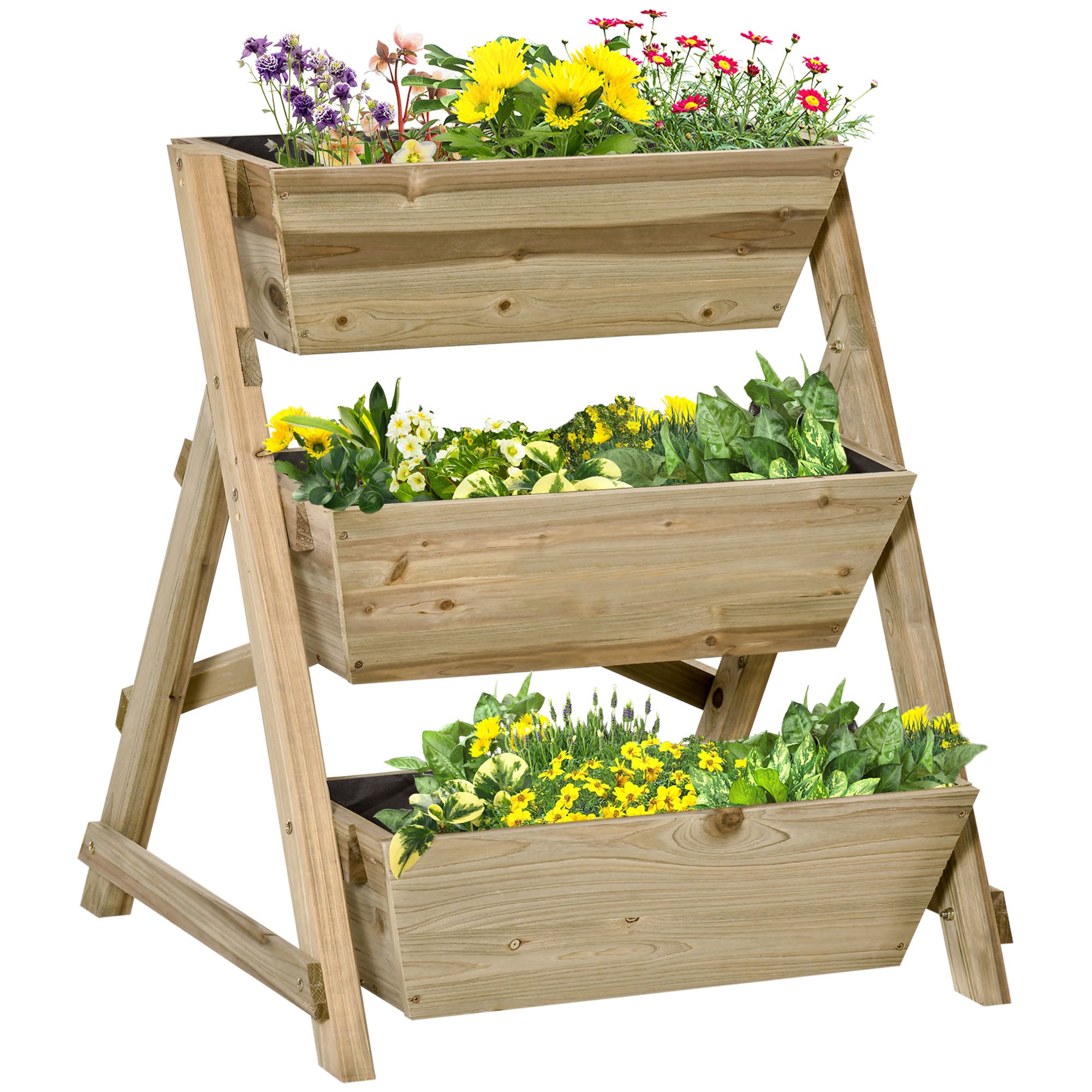 Hævet Havebed, Træblomsterstige Med 3 Hylder, Plantestativ, Plantehylde, Plantestativ, Blomsterstativ, Naturlig Finish, 71 X 61 X 77 Cm Black Friday Aosom Tilbud