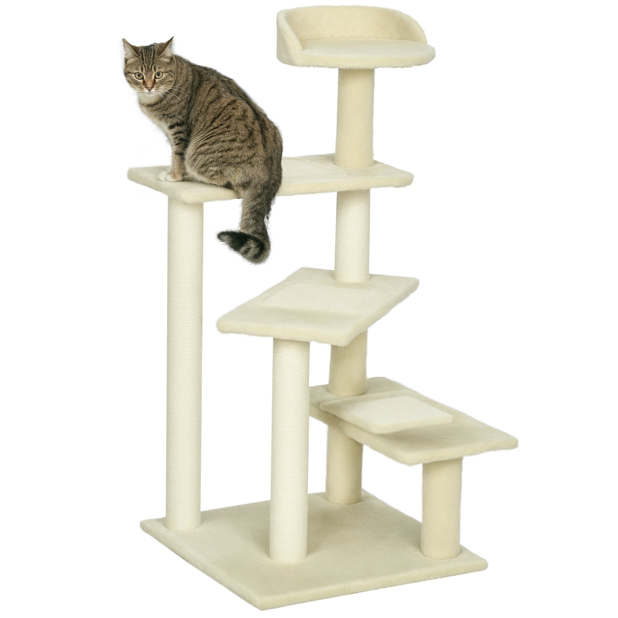 Kradsetræ 100 Cm Kattetårn Med Sisalstolper, Stor Platform, Kradsetræ I Flere Niveauer, Klatretræ, Til Små Og Mellemstore Katte, Beige Black Friday Aosom Tilbud