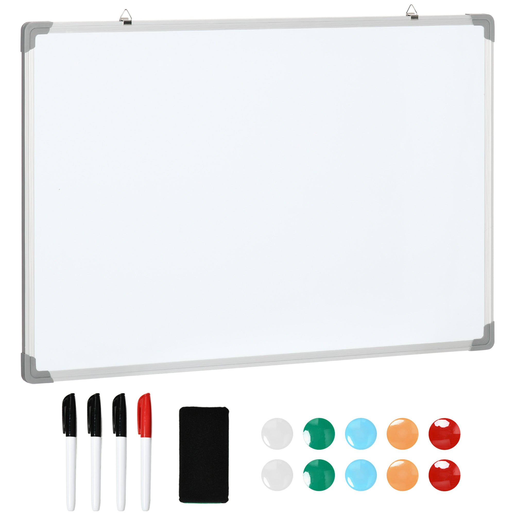 Whiteboard, Magnettavle, Memoboard, Inklusive Tilbehør: 4 Tuscher, 1 Viskelæder, 10 Magneter, Hvid + Sølv Black Friday Aosom Tilbud