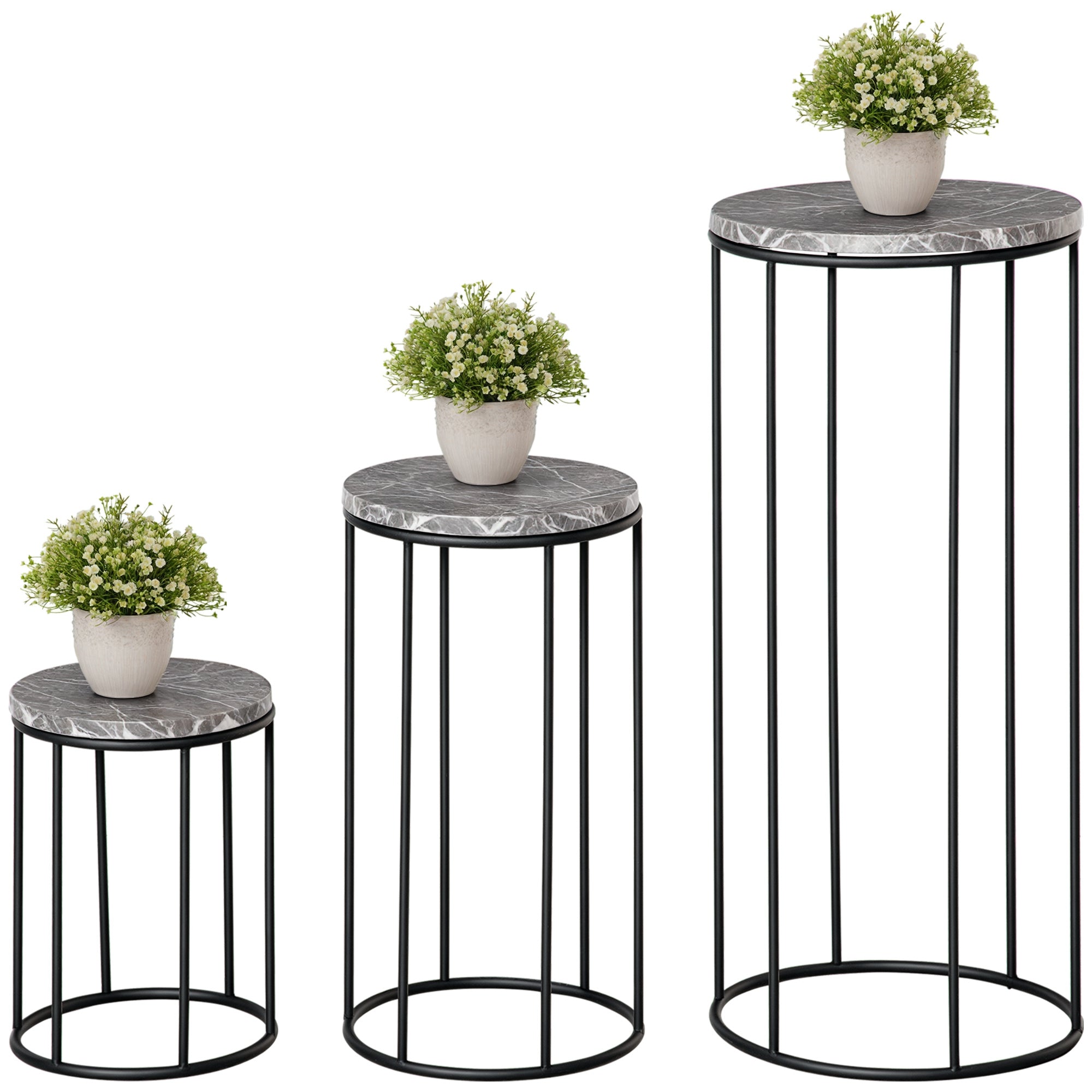 Sæt Med 3 Metalblomsterstativer, Plantestativer I Marmorlook, Stabelbare Blomsterpotteholdere, Sort Og Grå Black Friday Aosom Tilbud
