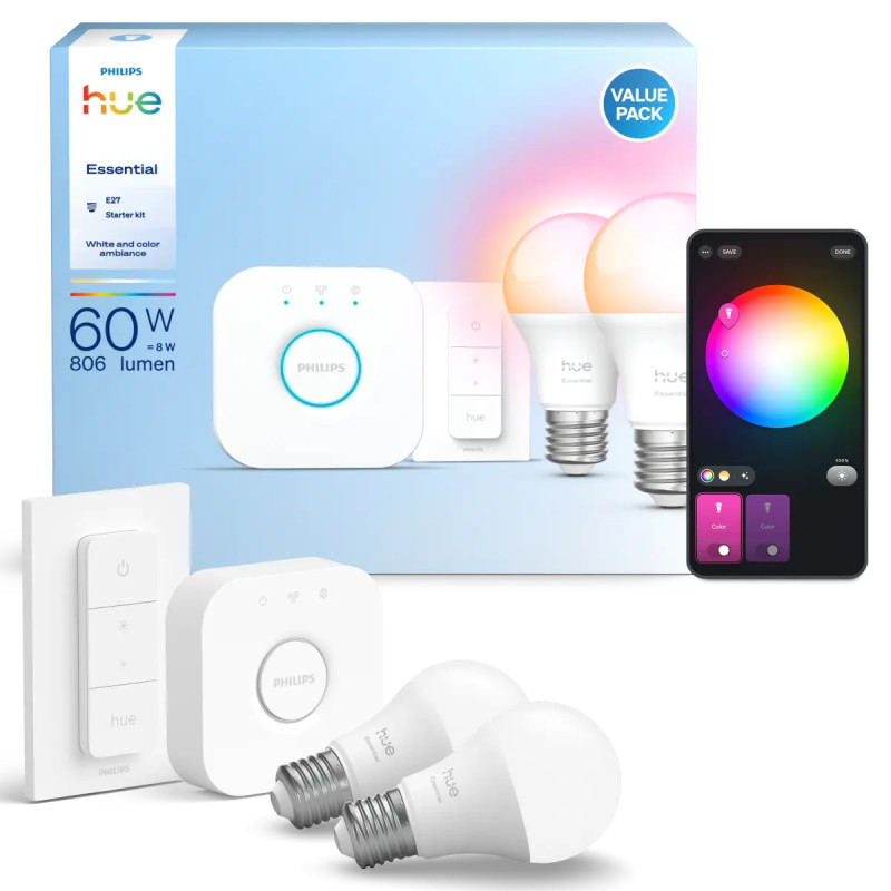 Essential White And Color Ambiance E27 Startsæt 806 Lm 2 Pak Med Dimmer Switch Black Friday Philips Hue Tilbud