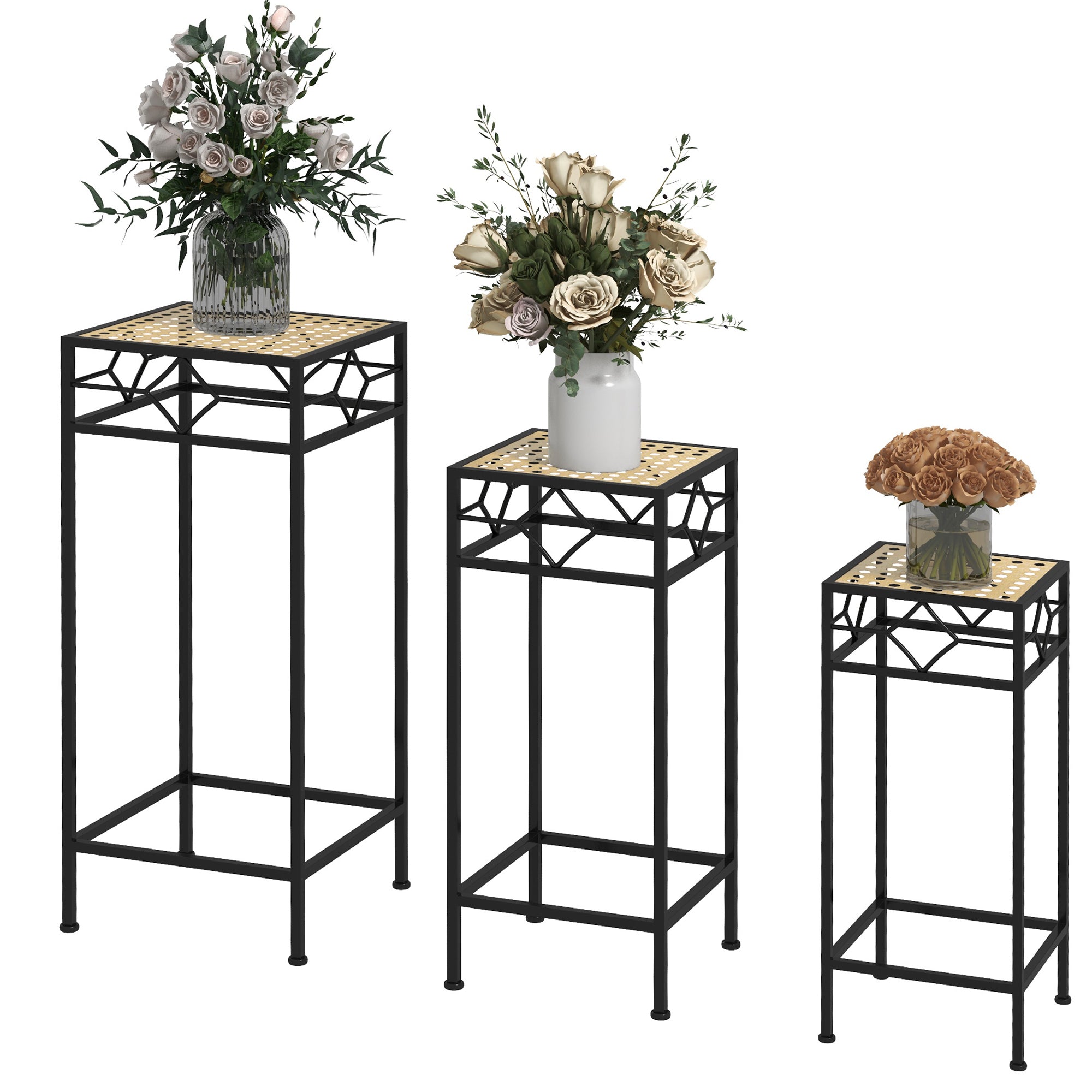 Blomsterstander, Sæt Med 3, Rund, Stabelbar, Rattan Look, Metalben, Indendørs Og Udendørs Brug, Sort Guld Black Friday Aosom Tilbud