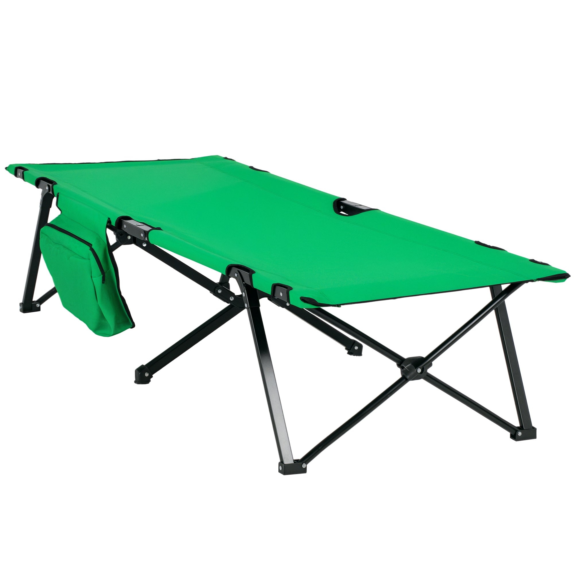 Campingseng, Klapseng Med Sidelomme Og Kopholder, Lasteevne Op Til 136 Kg, Stål Oxford Grøn + Sort, 190 X 65 X 40 Cm Black Friday Aosom Tilbud