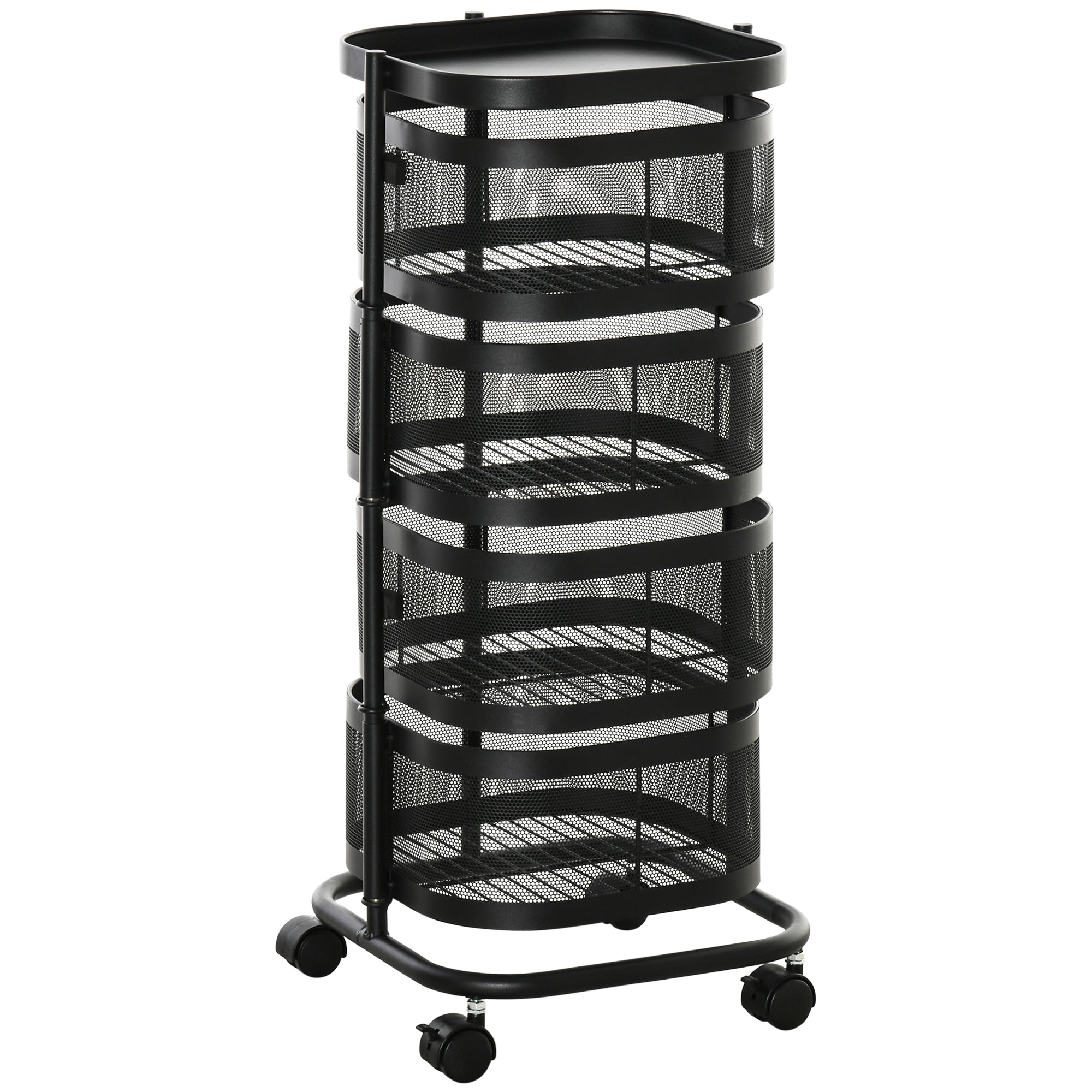 4 Lags Roterende Serveringsvogn Med Hjul, Trådkurv, Rullevogn Med Tophylde, 33x33x77 Cm, Sort Black Friday Aosom Tilbud