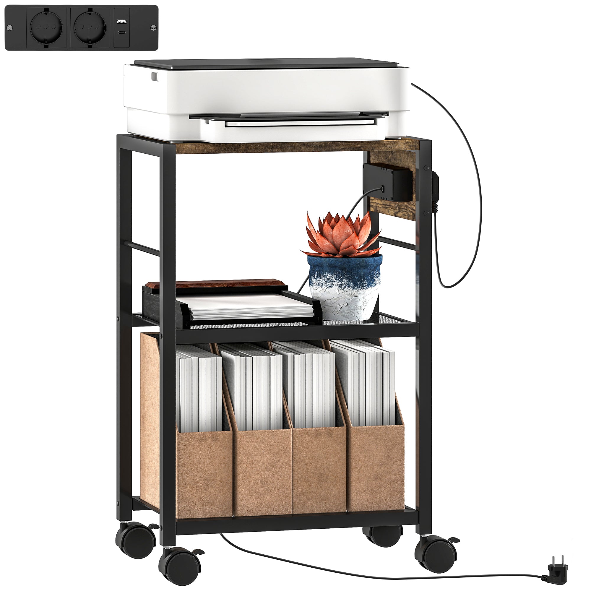 Printerstativ Printerhylde Med Hjul, Stikkontakter, Usb  Og Usb C Porte, Op Til 40 Kg, Rustik Brun Black Friday Aosom Tilbud