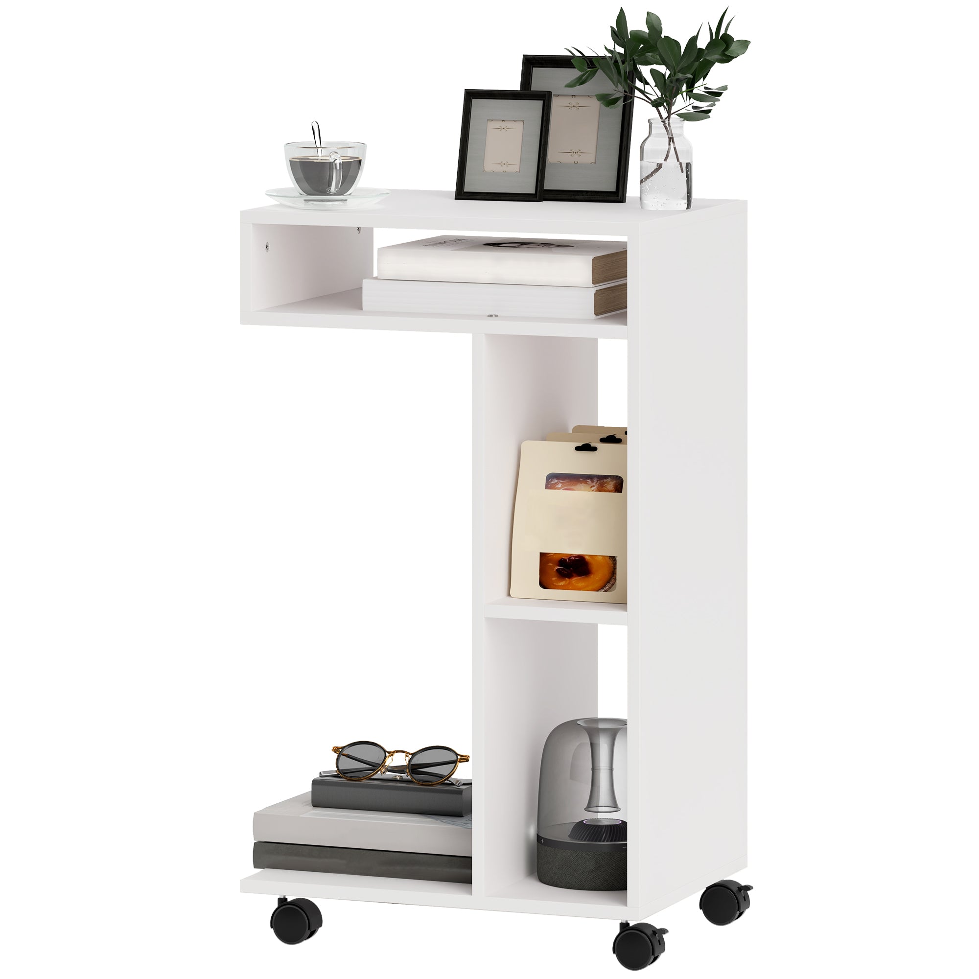 Sidebord, C Formet Serveringsvogn, 4 Hjul, 3 Rum, 40 X 30 X 69 Cm, Hvid Black Friday Aosom Tilbud