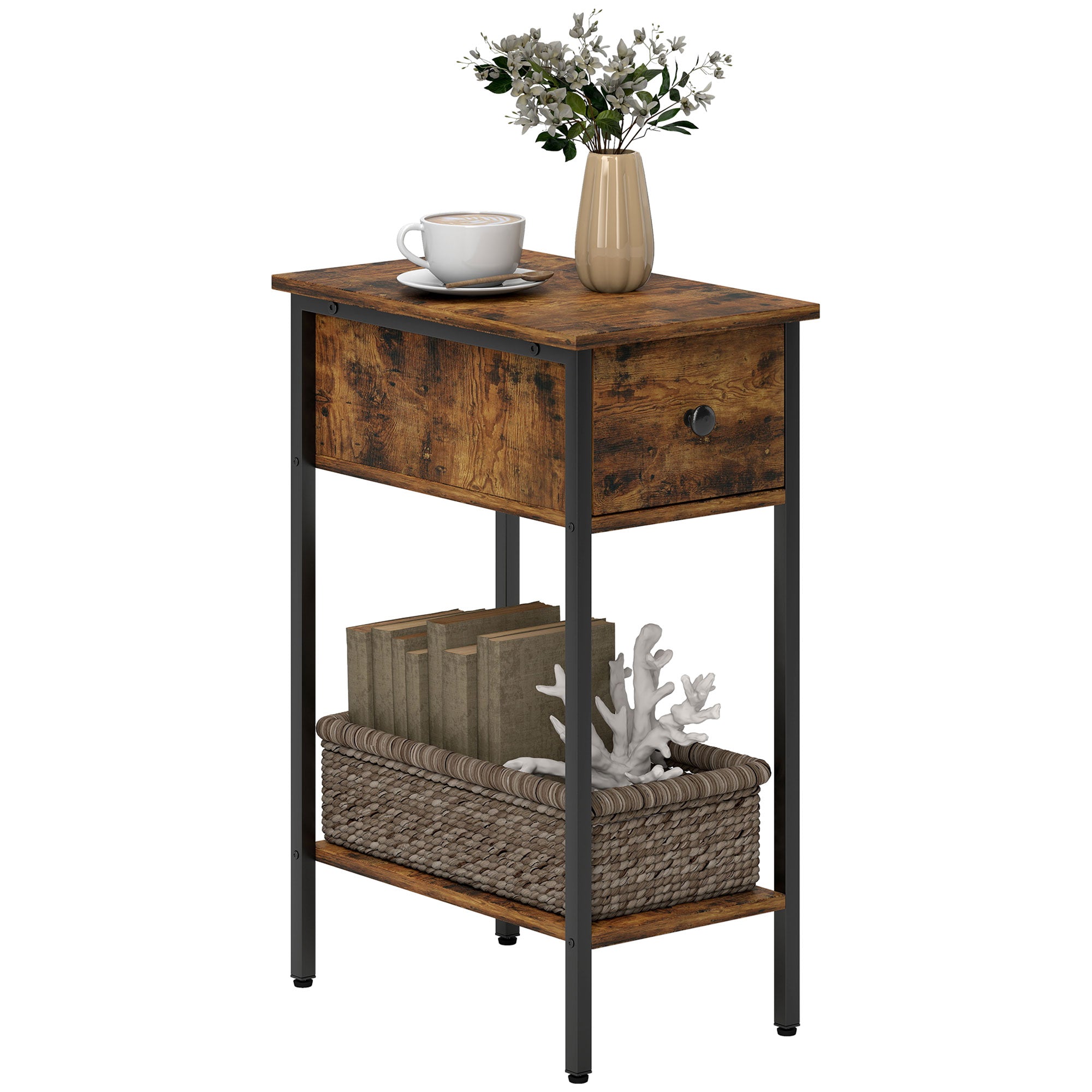 Sidebord Med åbent Rum Og Skuffe, Natbord, Metalben, Træ, Brun Black Friday Arkswift Tilbud