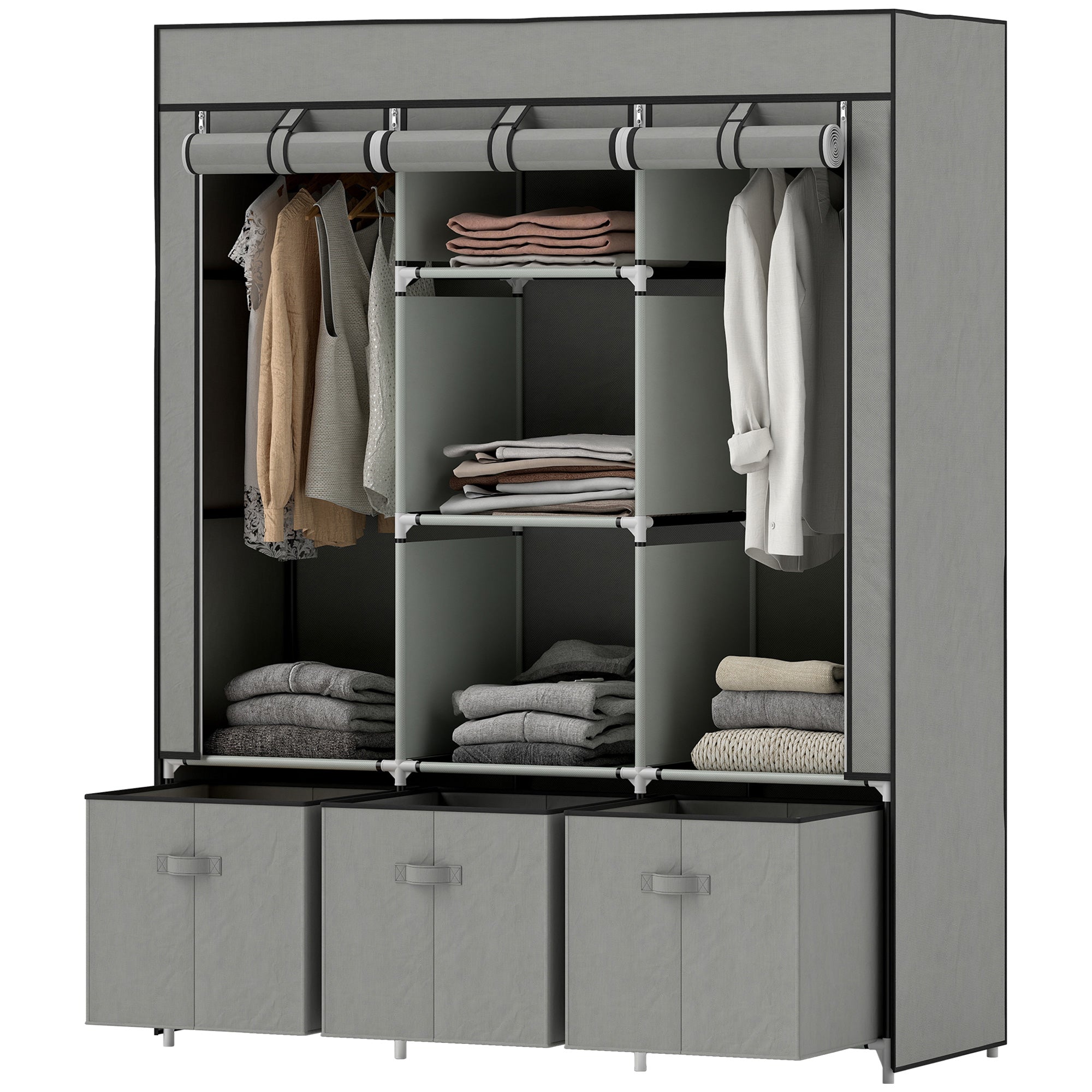 Stofgarderobe, Foldbar Garderobe, Inklusive 3 Skuffer, 125 Cm X 43 Cm X 162,5 Cm, Lysegrå Black Friday Aosom Tilbud