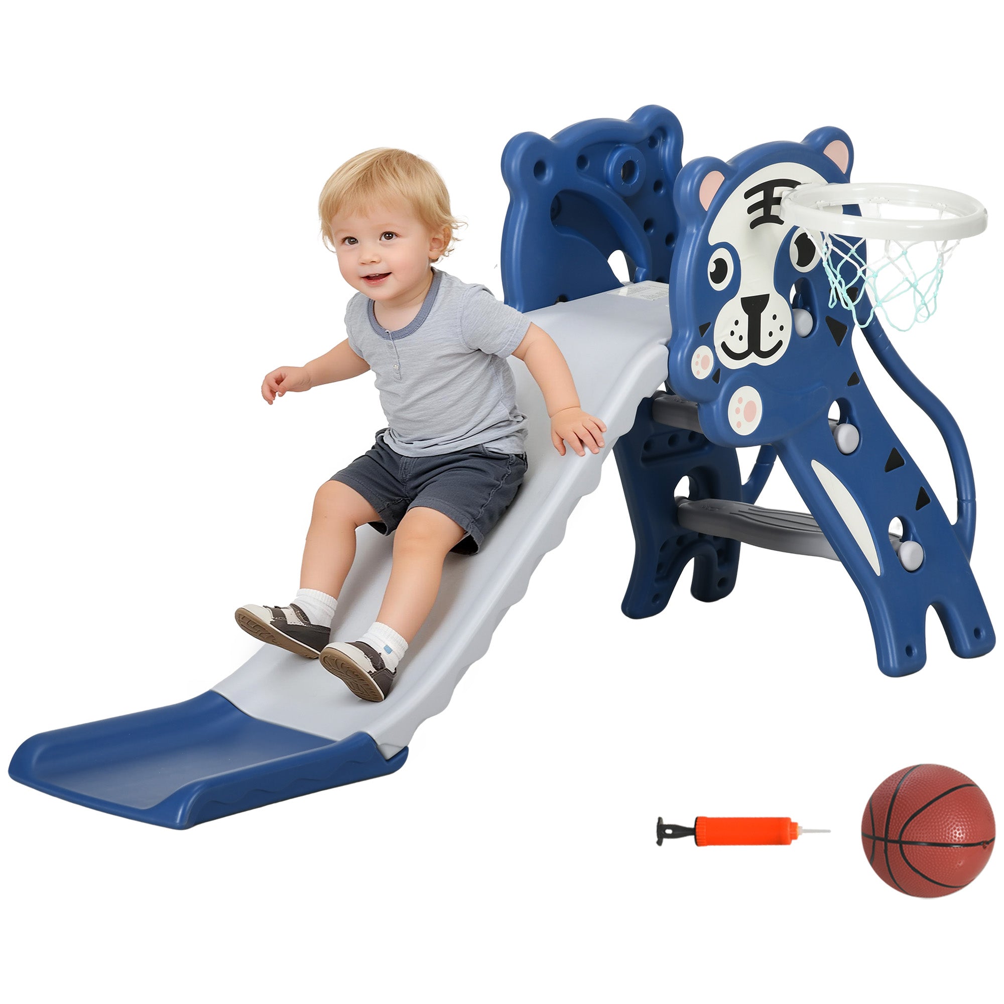 3 I 1 Børnerutsjebane Med Klatrestativ Og Basketballkurv, Småbørnsrutsjebane, Tegneseriedesign Til Småbørn 18 36 Måneder, Blå Black Friday Arkswift Tilbud