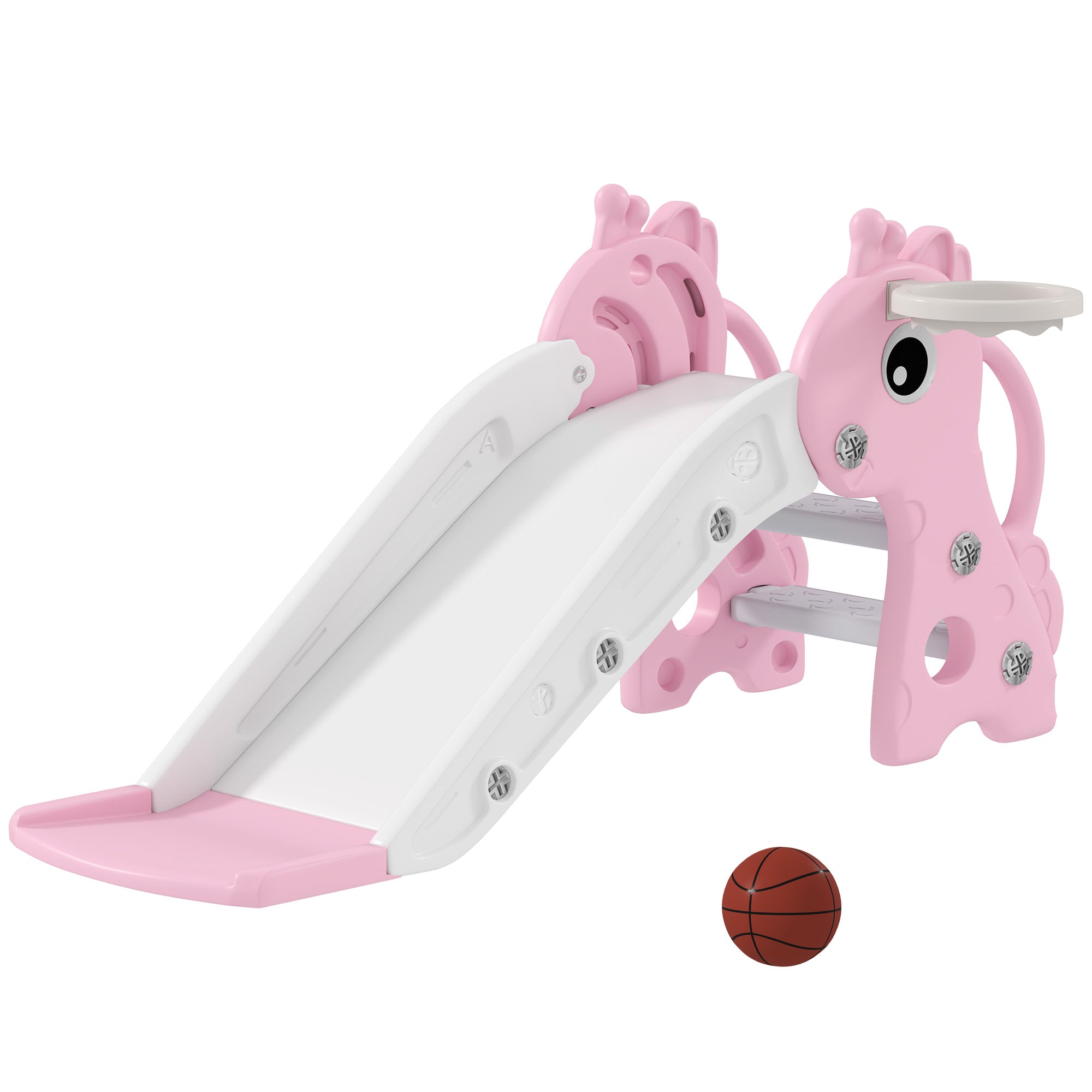 3 I 1 Rutsjebane Til Børn, Girafformet, Basketballkurv, Bold, Pink Black Friday Aosom Tilbud