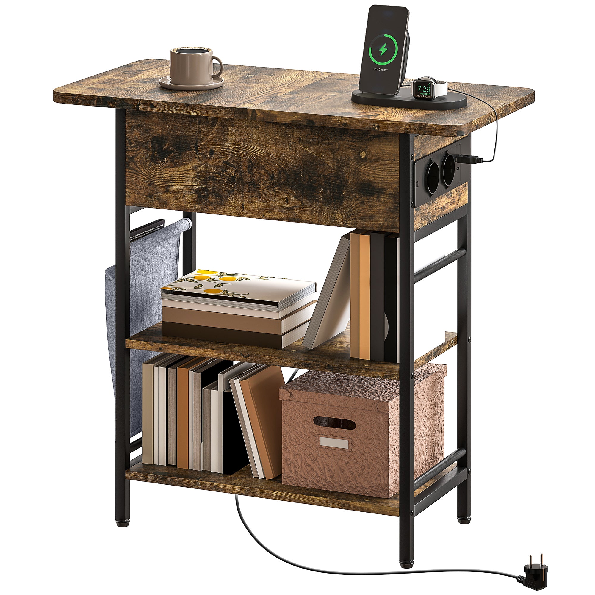 Sidebord   Natbord Med Strømskinne, Usb Porte, 60 X 30 X 59 Cm, Rustik Brun Black Friday Aosom Tilbud