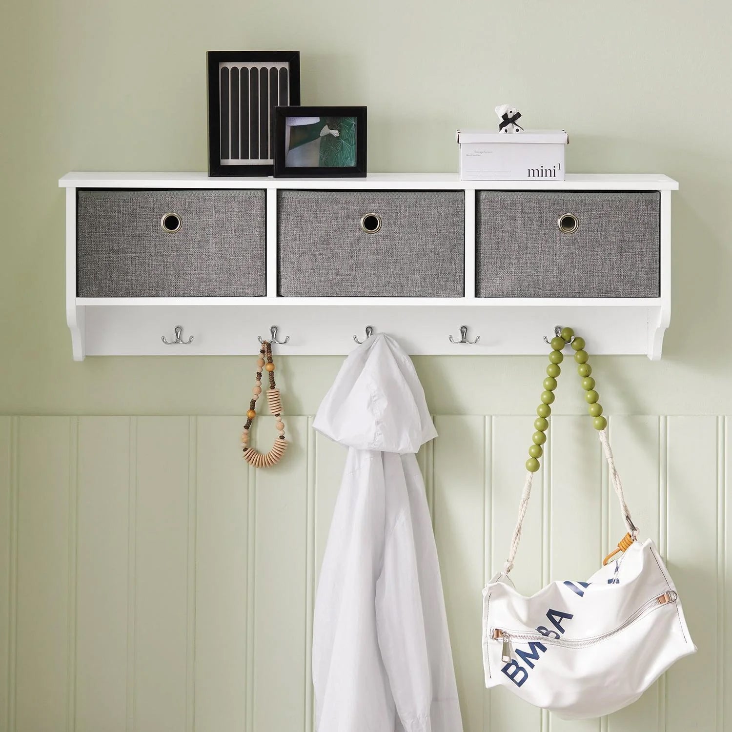 Knagerække Med Opbevaringskasser, 100x30x20 Cm, Hvid Og Grå Black Friday Sobuy Tilbud