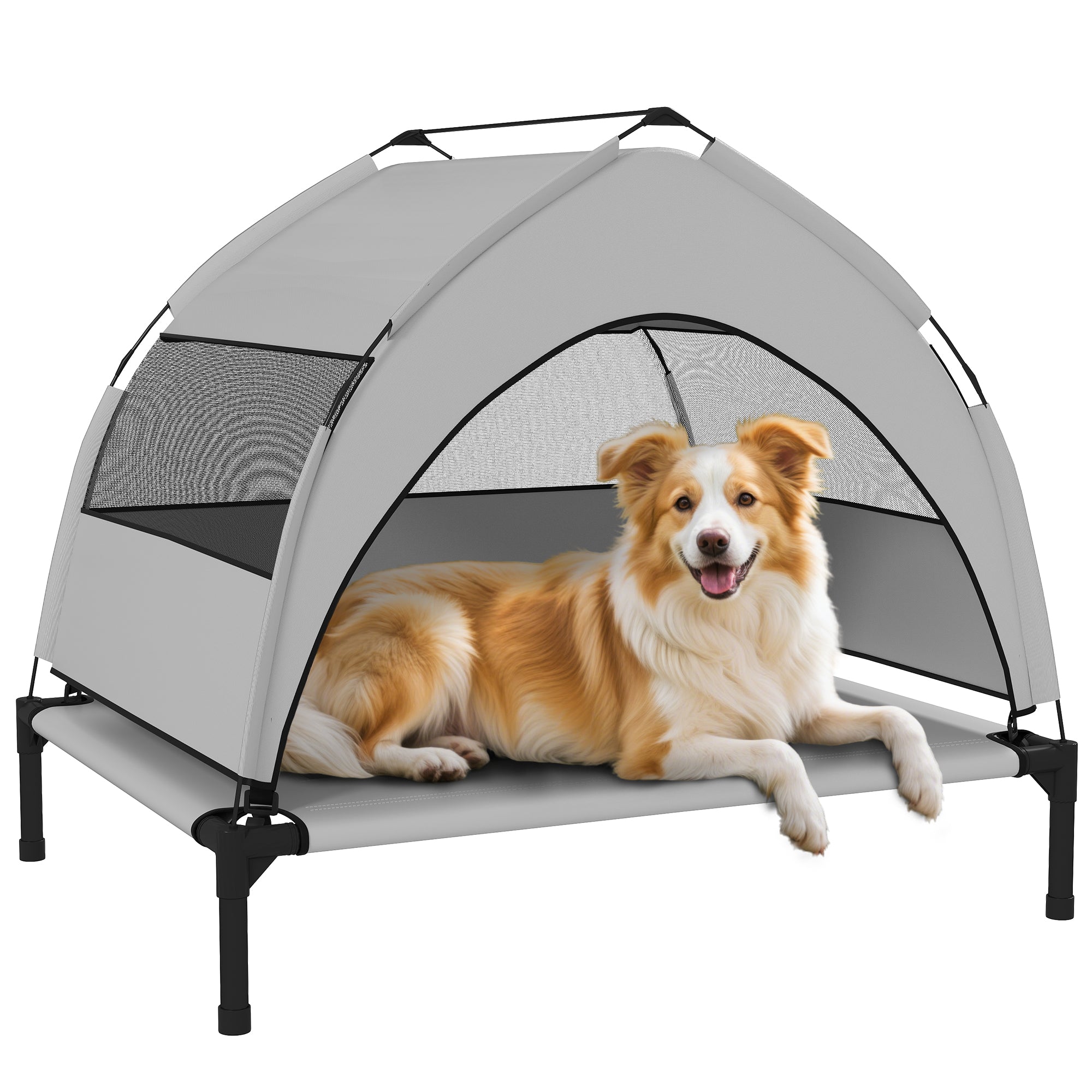 Udendørs Hundeseng Med Tag, Hævet Hundeseng Til Mellemstore Hunde, Med Stålramme, 76x61x70cm, Lysegrå Black Friday Arkswift Tilbud