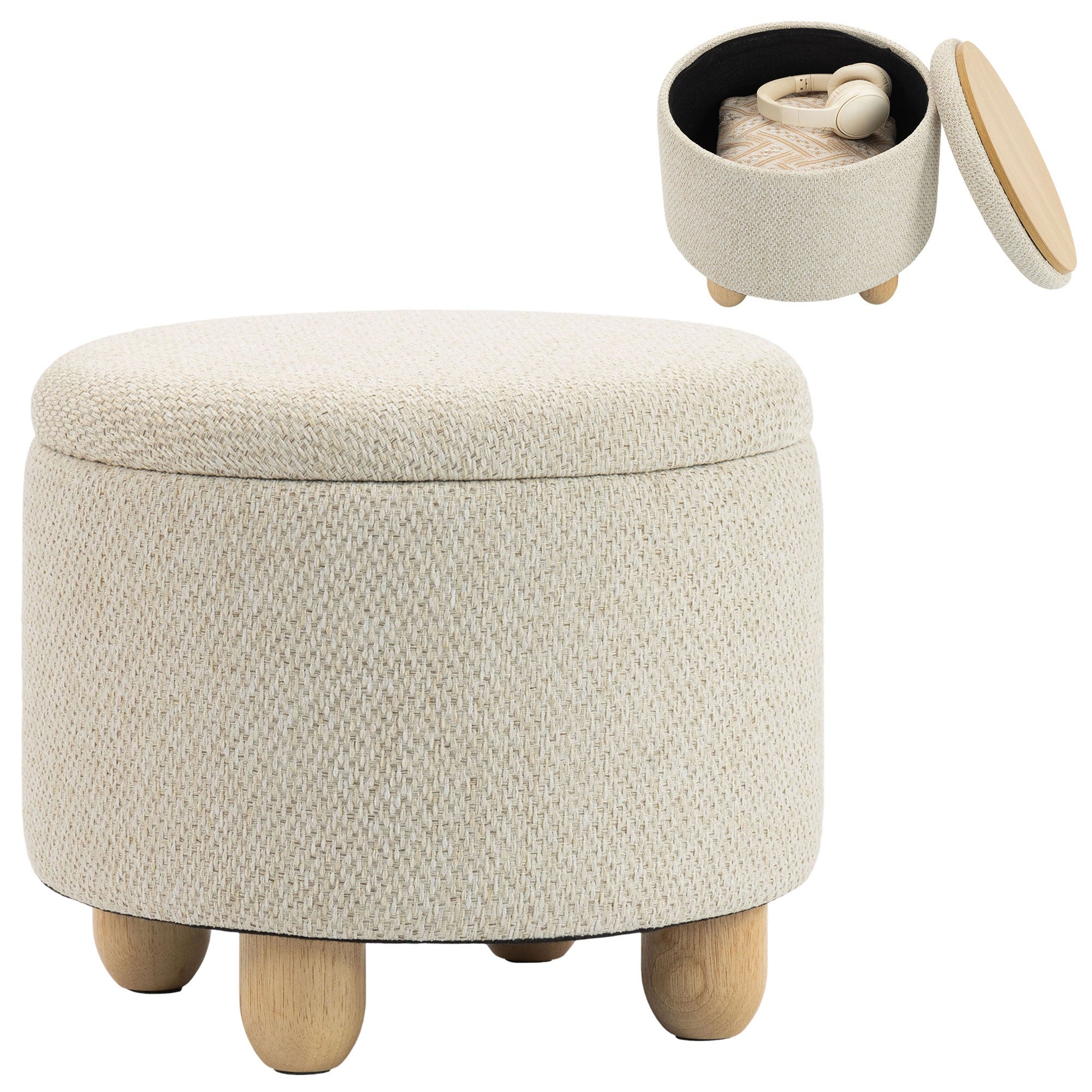 Opbevaringsskammel, Rund Puf Med Låg, Linnedlook Til Stue, Soveværelse, 38,5x38,5x33,5 Cm, Beige Black Friday Arkswift Tilbud