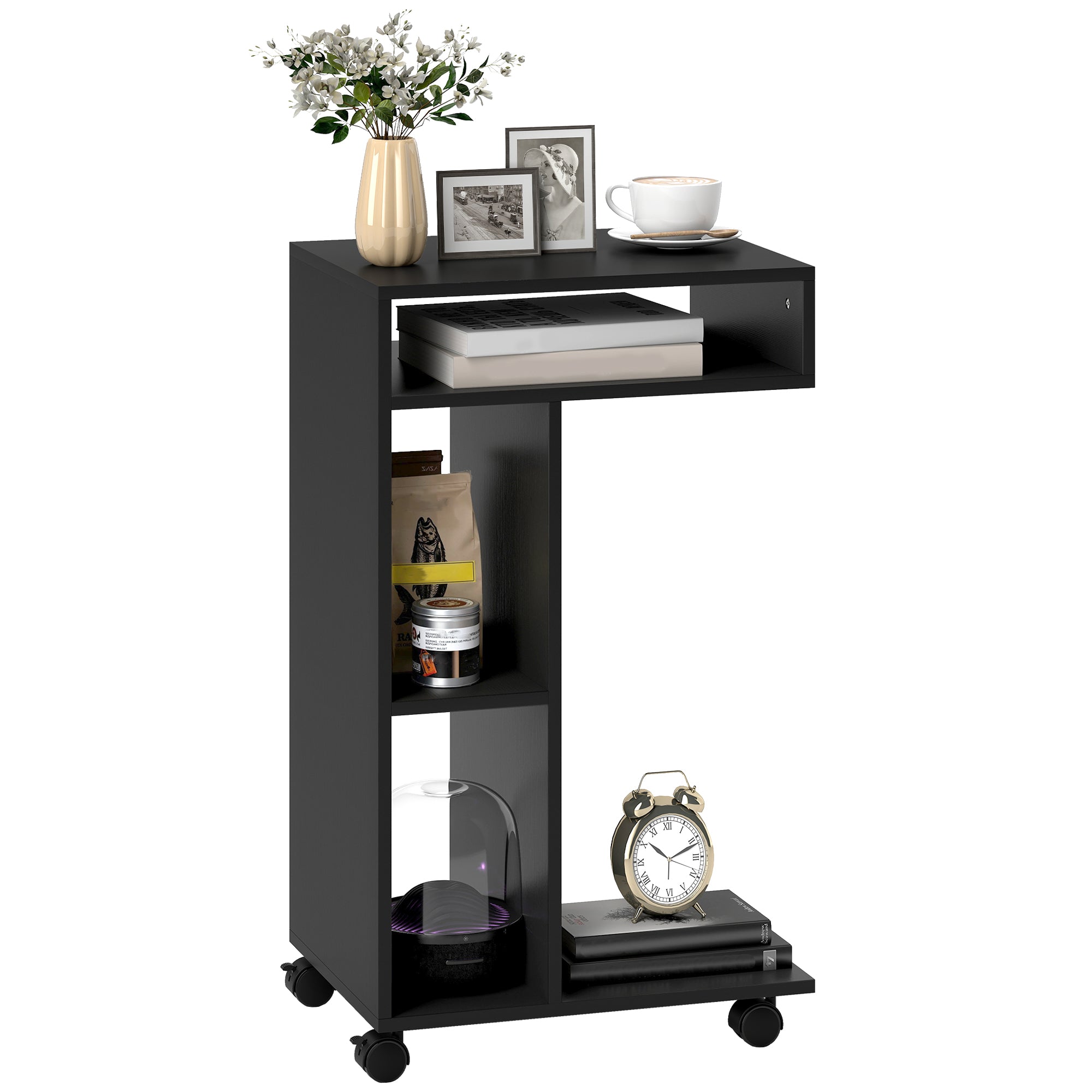 C Formet Sidebord, Natbord Med 4 Hylder, Hjul, Sofabord, Stuebord, Laptopbord Til Stue Soveværelse, 40 X 30 X 69 Cm, Sort Black Friday Arkswift Tilbud
