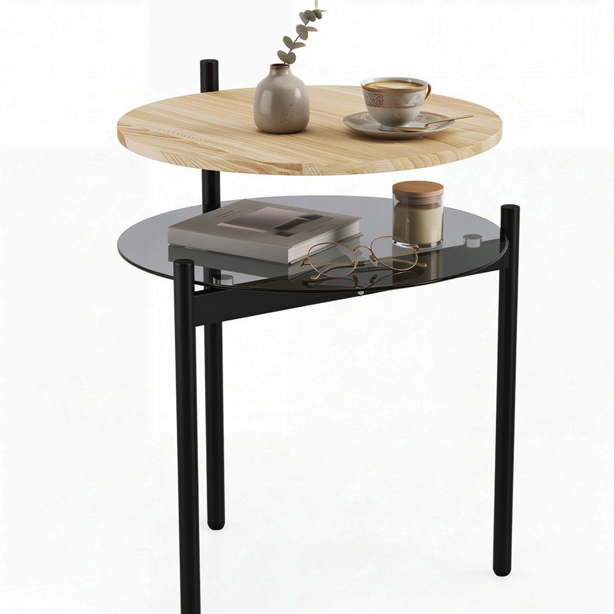 Rundt Sidebord Med åben Glashylde Til Små Rum, Stue, Soveværelse, 41,8 X 39,8 X 53,5 Cm, Eg Black Friday Arkswift Tilbud