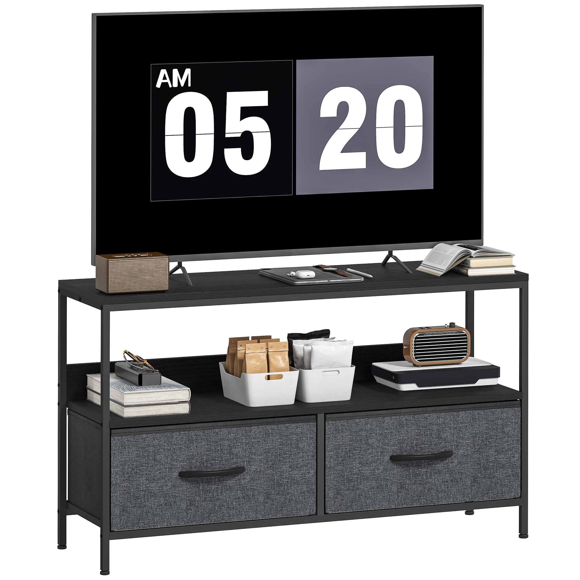 Tv Skab Lavskab Med 2 Skuffer, åbent Rum, Til Tv Op Til 47 Tommer, 98 X 29 X 56 Cm, Sort + Mørkegrå Black Friday Arkswift Tilbud