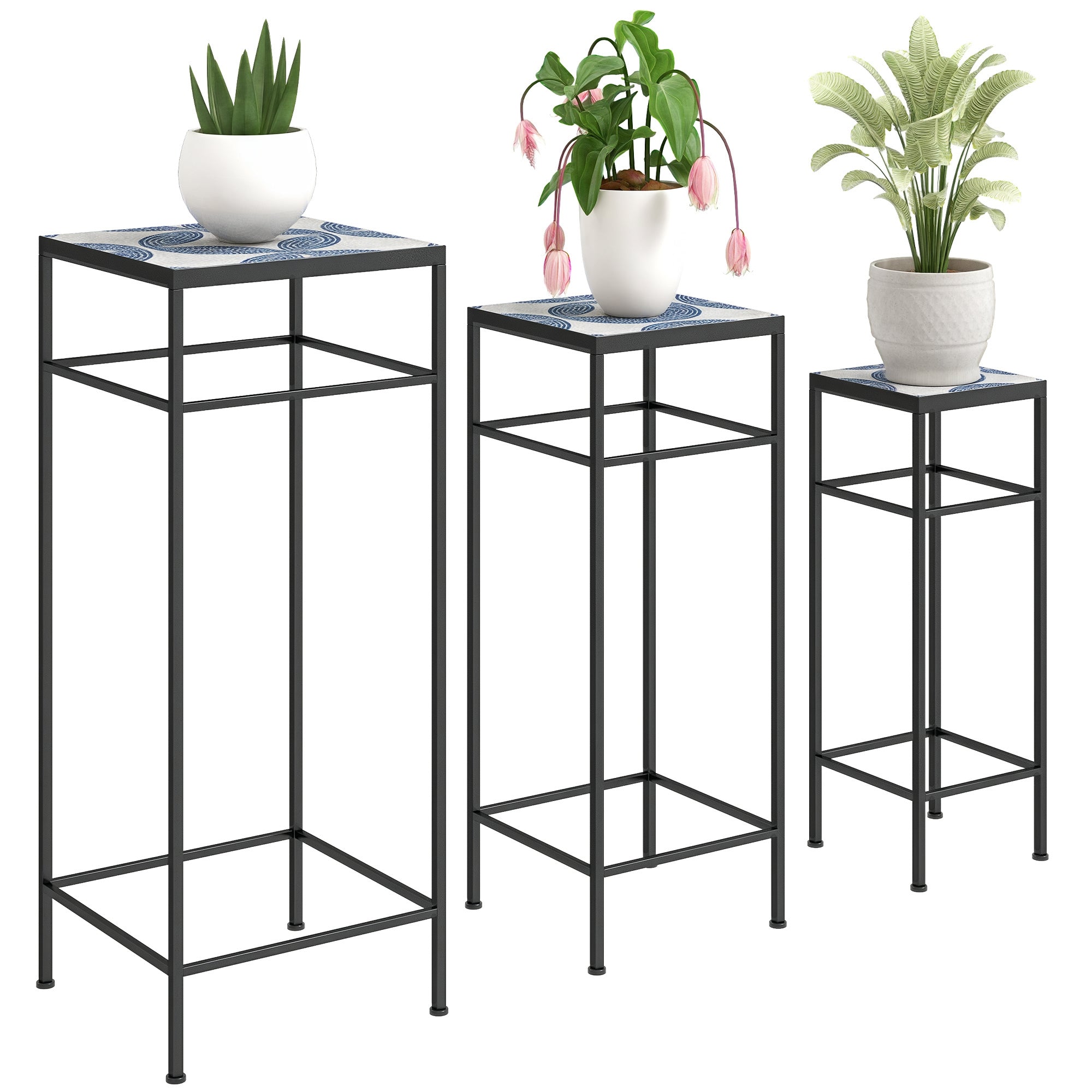 Sæt Med 3 Plantestativer, 3 Forskellige Størrelser Stativer Til Udstilling Af Blomster Og Andre Genstande, Blå Og Hvid Black Friday Arkswift Tilbud